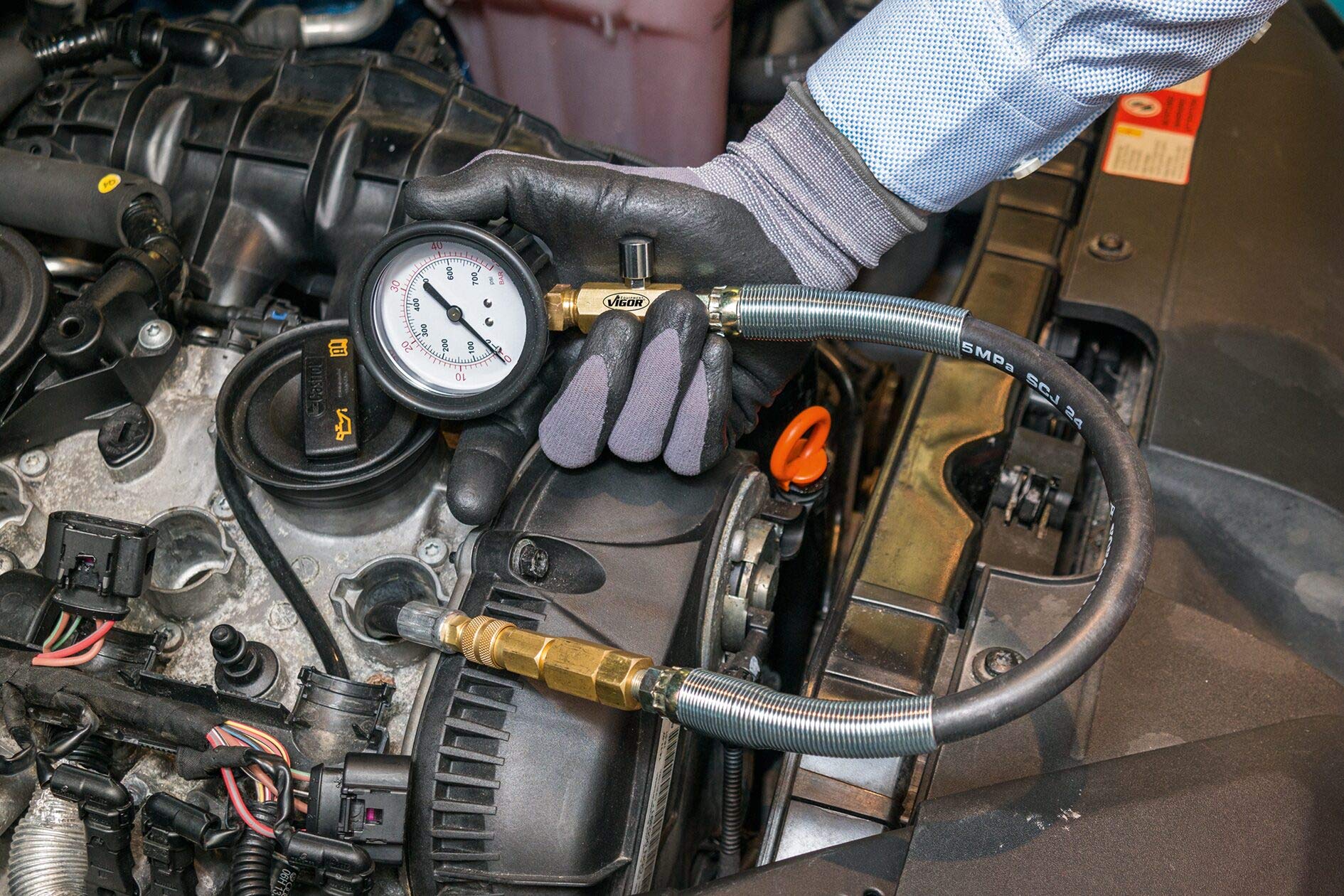 Set di tester per compressione e perdita di pressione ViGOR V4461, per motori diesel e a benzina, test professionali di compressione o perdita di pressione per la maggior parte dei motori di auto