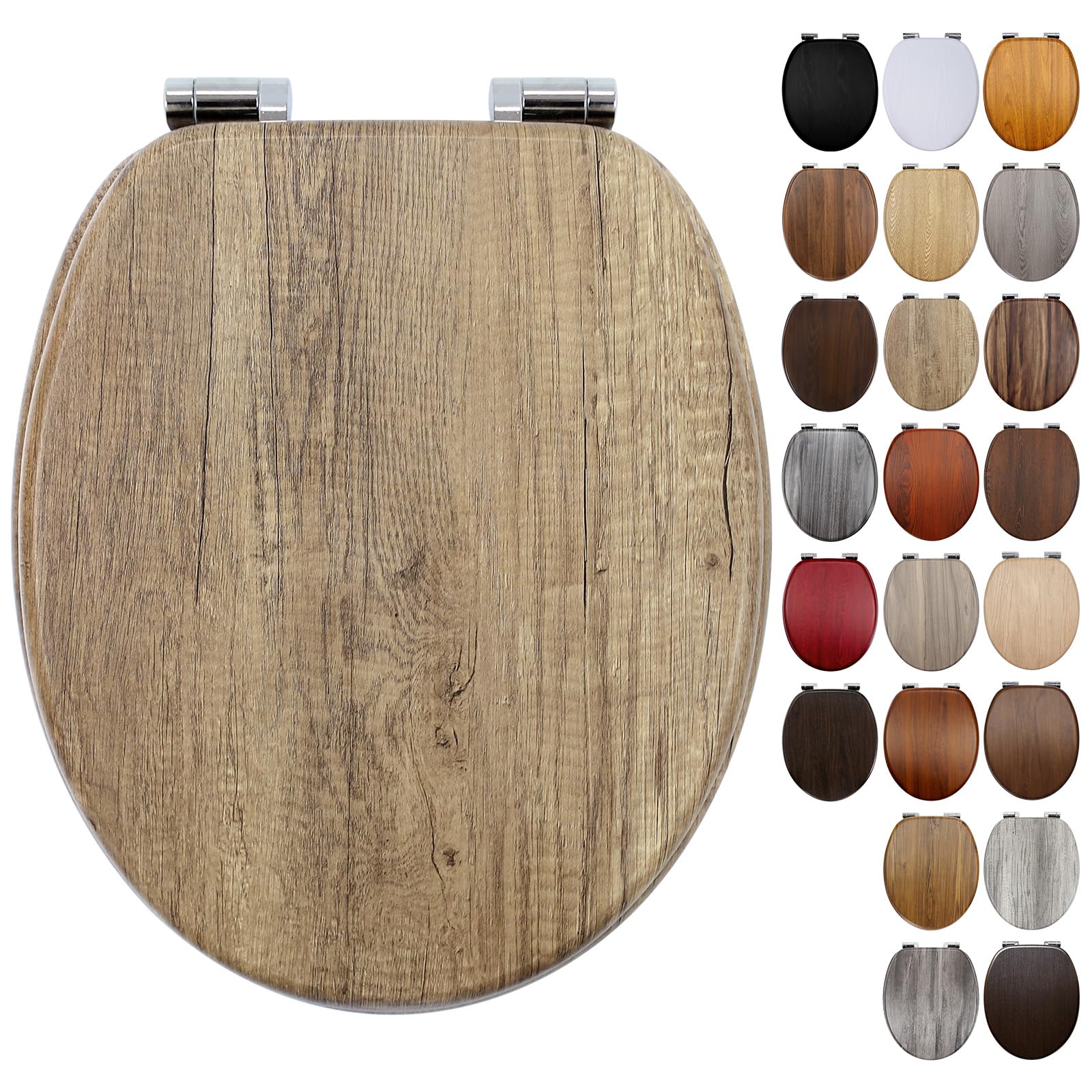 Fanmitrk Toilet Seat Wooden Soft Close with Adjustable Solid Zinc Alloy Hinges, MDF Wood Oval Toilet Seat with Bottom Fixings, Easy to Clean and Install (18BLG1963)