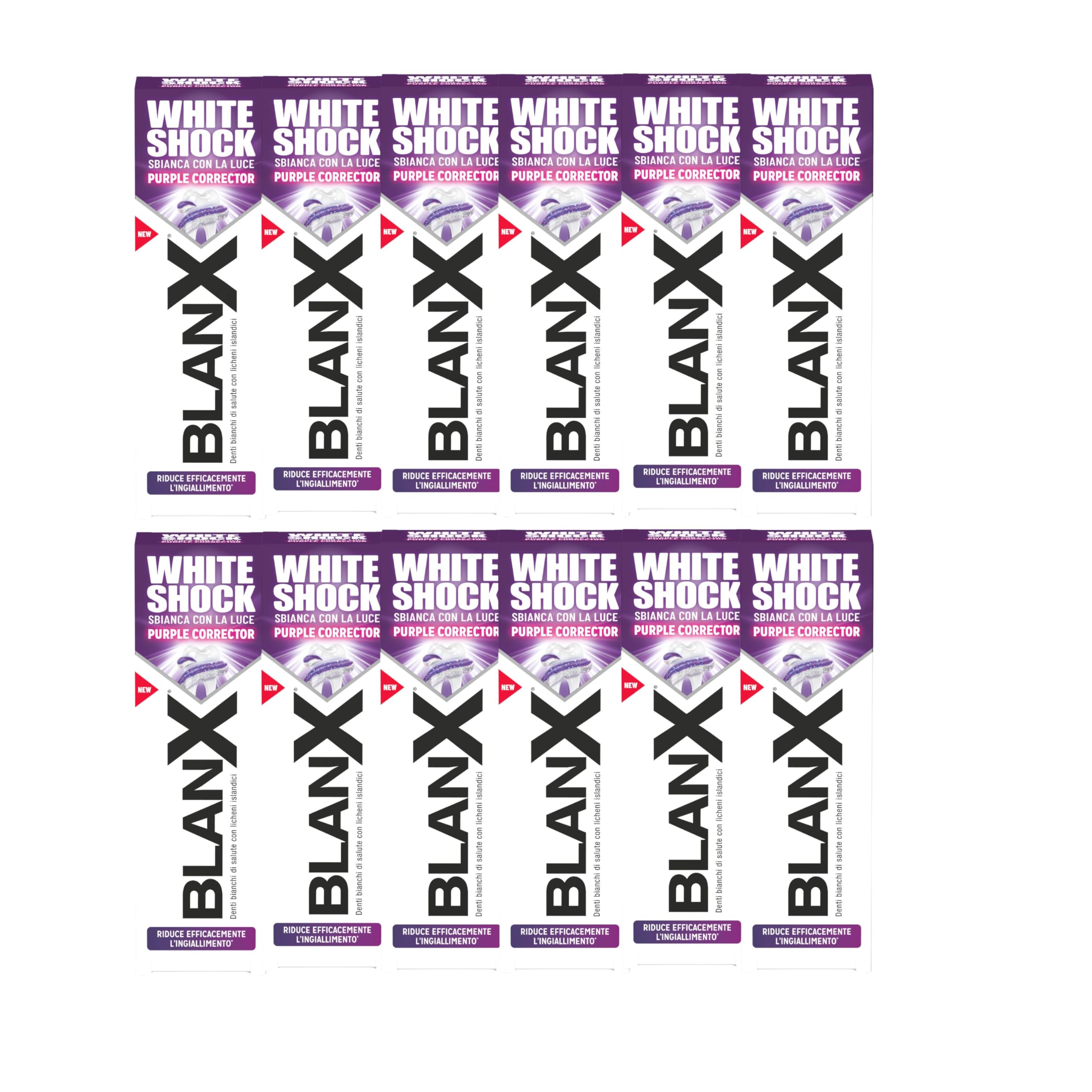 BlanX White Shock Purple Corrector, Zahnpasta Dual Color, reduziert effektiv Vergilbung, mit Actilux- und Color Correction-Technologie, sanft zu Zahnschmelz und Zahnfleisch, 12 x 75 ml
