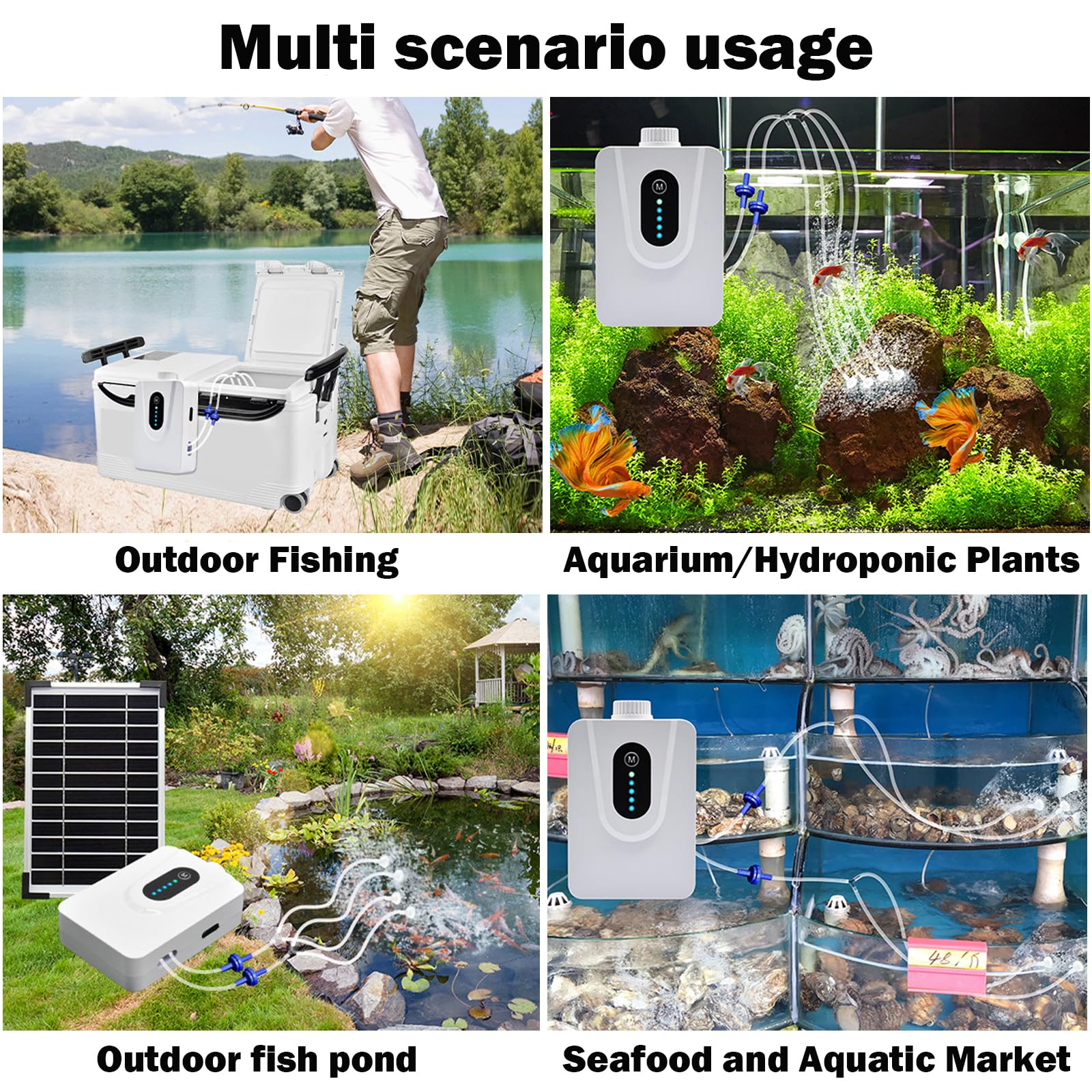 Bomba de Aire Solar 6W Con Batería 6000mAh - Aireador de Estanque y Acuario, Carga USB y Solar - Oxigenador Con Tubo de Piedras de Burbujas Para Pesca