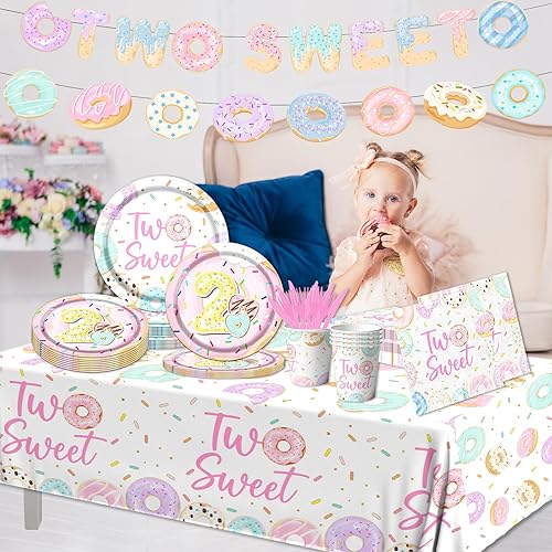 Miniatura 4 de Dos suministros para fiesta de cumpleaños de Sweet Donut - Juego de vajilla de 142 piezas de 2 dona para bebé niña de 2 años de edad, platos de dona