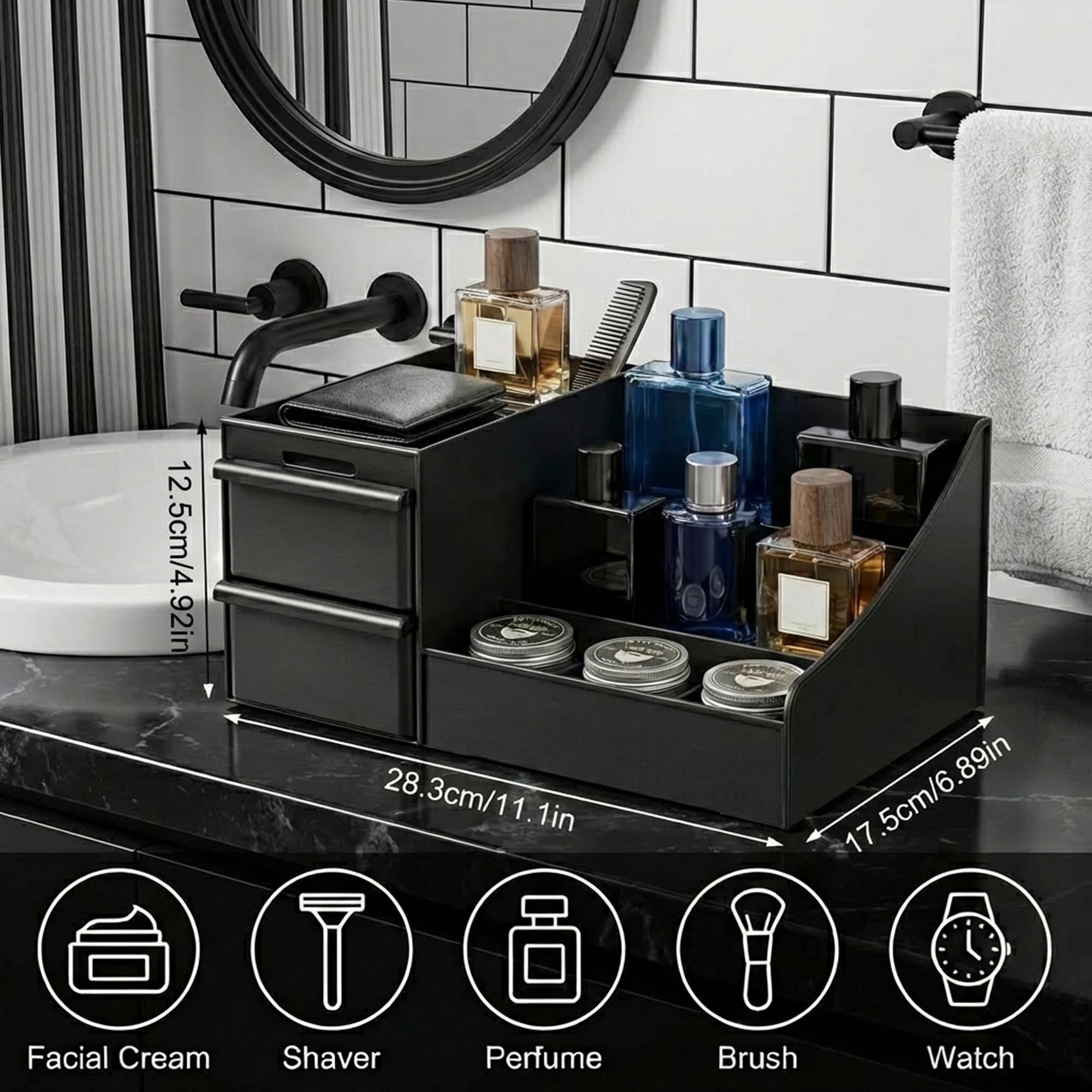 Bingobang Organizer per trucchi da uomo, grande organizer nero per cosmetici con cassetti, supporto per profumi da toeletta, organizer per la cura della pelle, per dopobarba, lozioni da barba, bagno e