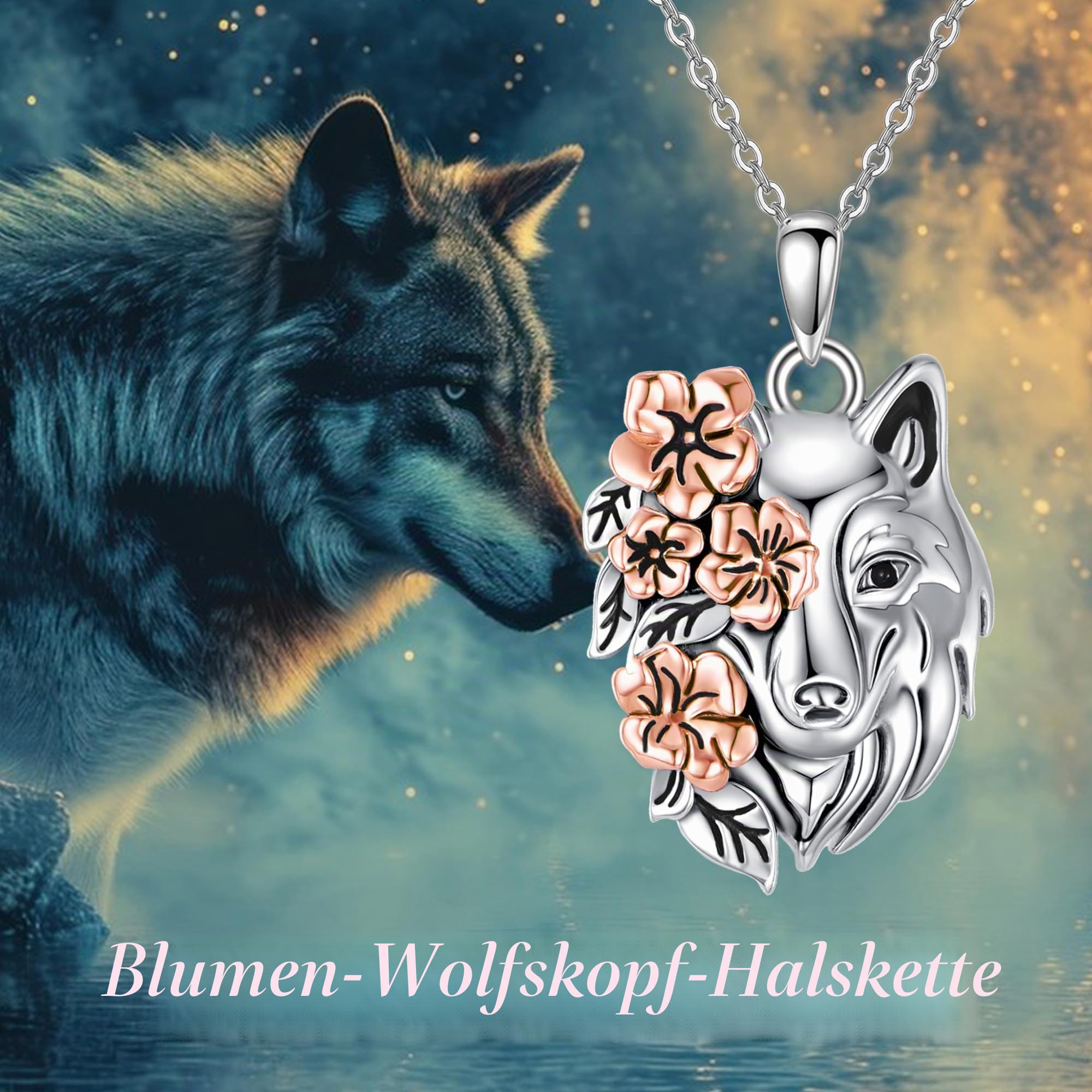 YAFEINI Wolf Anhänger Halskette 925 Sterling Silber Blume Wolf Kopf Halskette Tier Schmuck Geschenke für Frauen