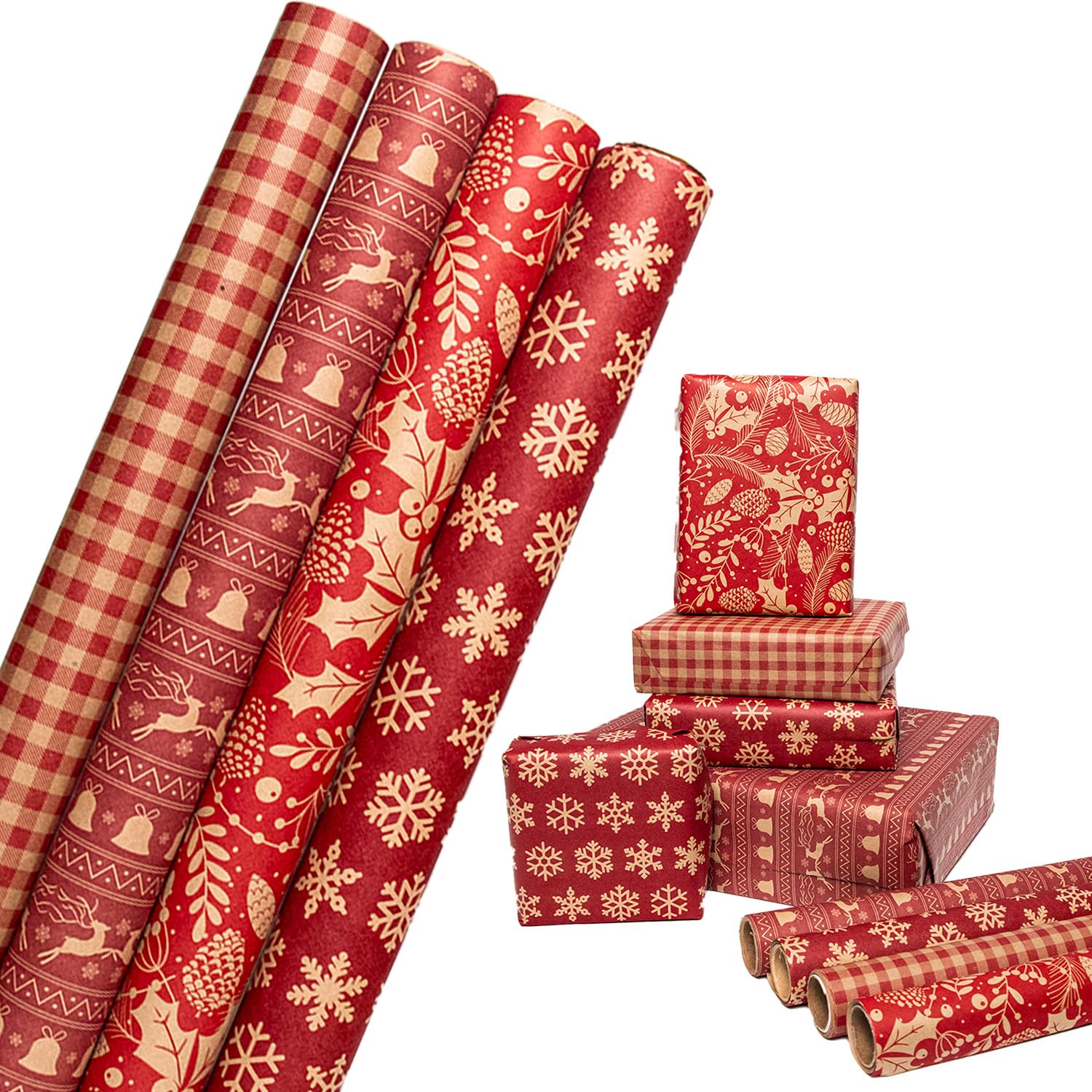 HBell Christmas Wrapping Paper Rolls, 4 Roll Red Xmas Wrap Paper Kraft