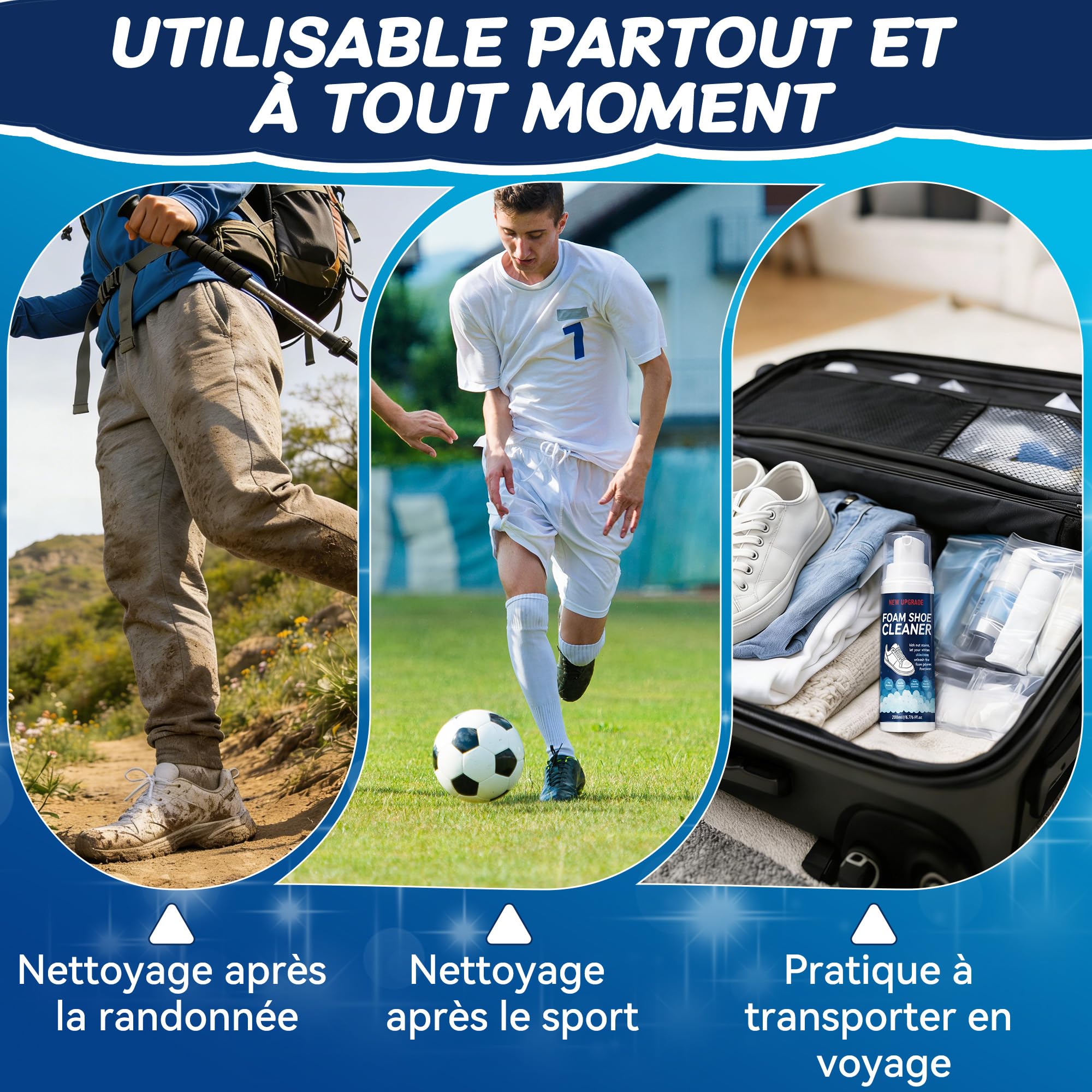 Nettoyant Chaussure, kit nettoyage chaussure blanc pour baskets (200 ml) avec brosse et chiffon microfibre. Permet un nettoyage rapide et sans eau des chaussures en cuir, toile, maille, caoutchouc