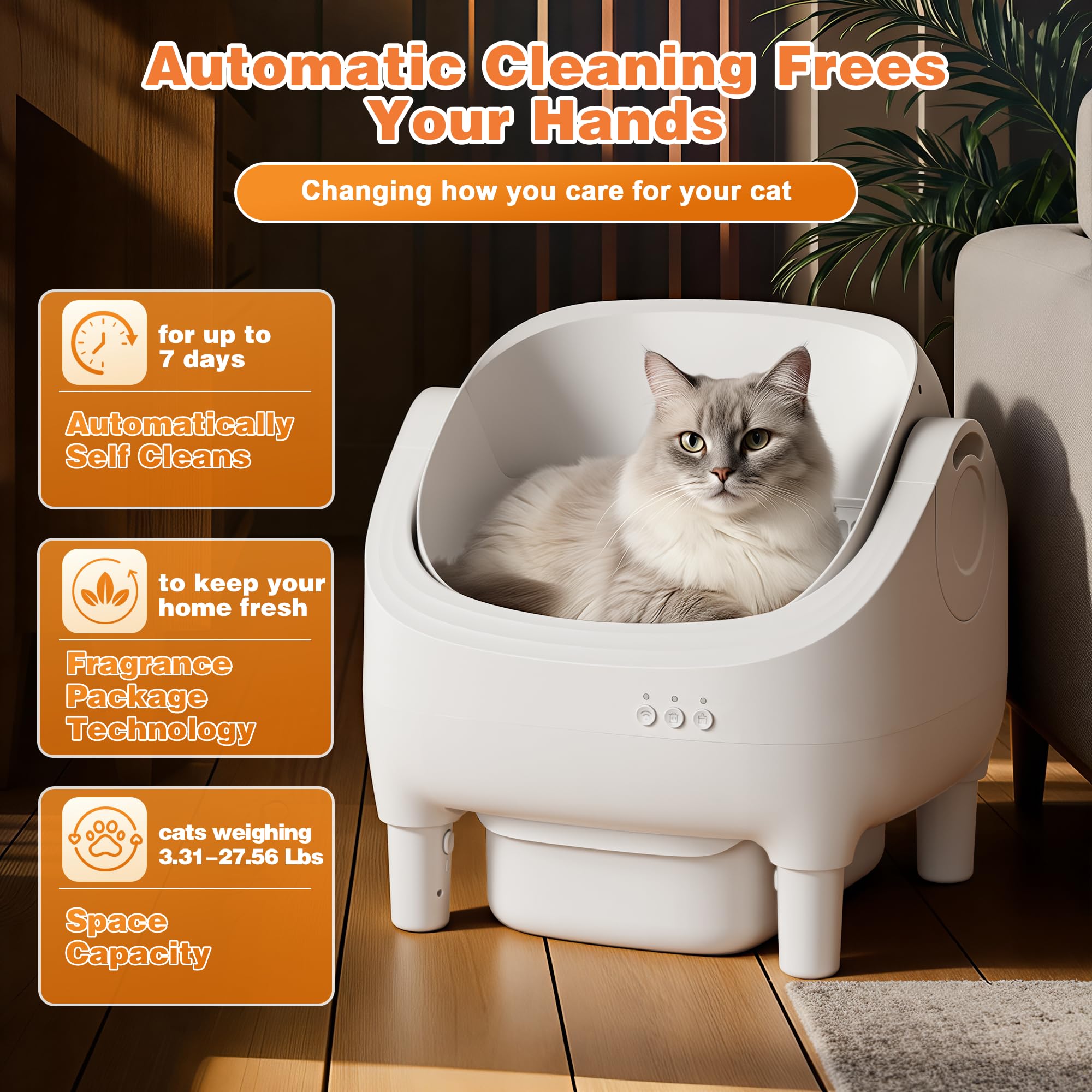 Greesum Self Cleaning Cat Litter Box – Automatic Open-Top Smart Litter Box with App Control, 15L Odor-Sealed Waste Bin, Ultra Quiet 35dB, Multi-Cat & Large Cat Compatible, with Trash Bags & Mat - image 2