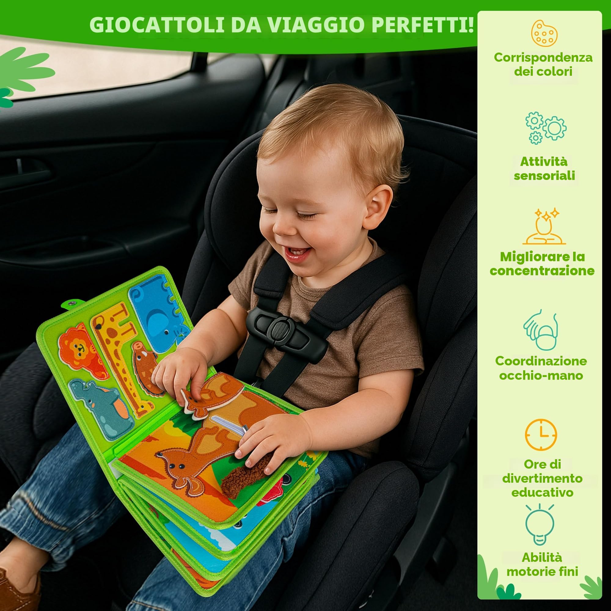 Quanquer Animal Busy Board Montessori Giocattoli per Neonati 1 2 3 Anni - Activity Book per Neonati Ragazzi Ragazze Regalo di Compleanno con Scatola Regalo - Aereo Auto Viaggio Quiet Book Giocattolo