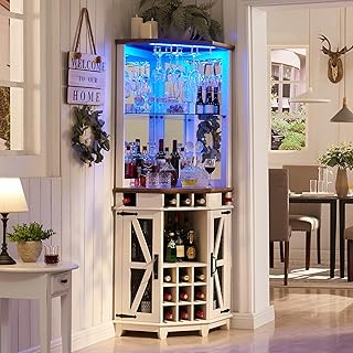 OKD Corner Bar Storage Cabinet, 72" Tall Farmhouse Wine Bar w/Barn Door & Adjustable Shelf, Home Bar Cabinet w/LED Light &...