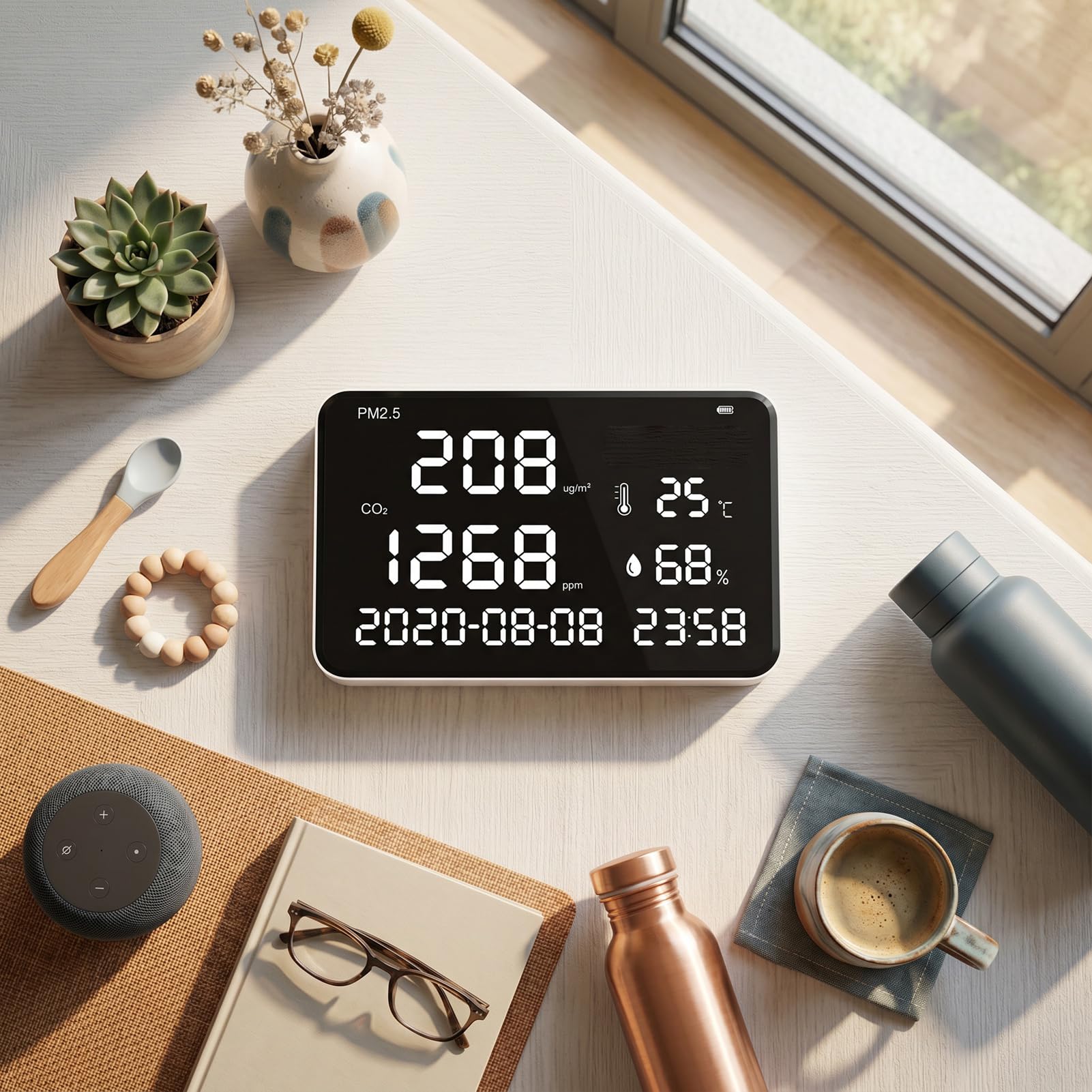 Luocute Monitor Jakości Powietrza Wewnętrznego z Dużym Wyświetlaczem, Montowany na ścianie, 7-calowy | Detektor CO2 Monitor PM2.5 z czujnikiem NDIR, miernik temperatury i wilgotności do domu, sypialni, biura