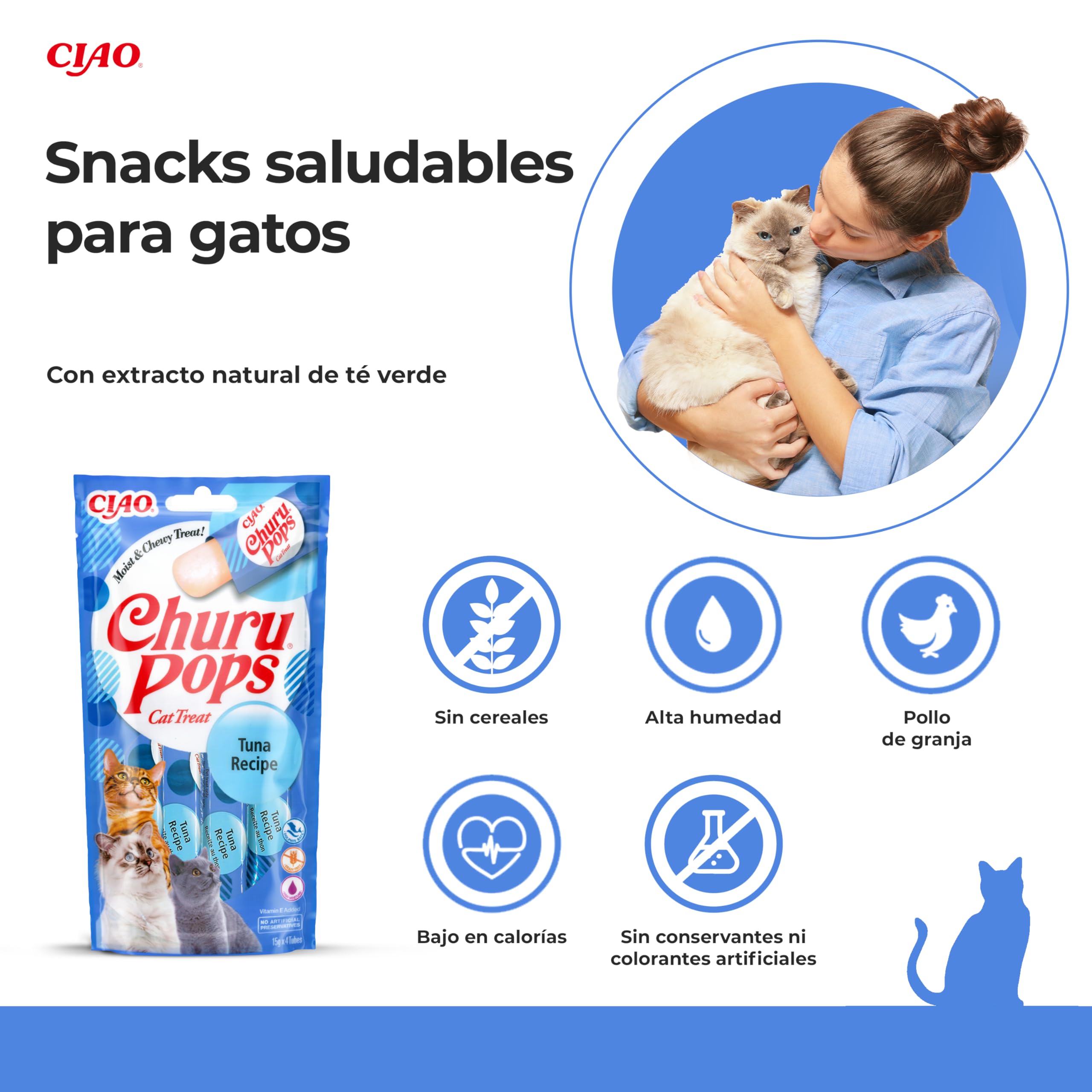 INABA Churu Pops Gatos - Deliciosos Snacks con Sabor a Atún - Golosinas en prácticas porciones - Saludables, sin Conservantes ni Colorantes Artificiales - Pack de 60g (4 x 15g)