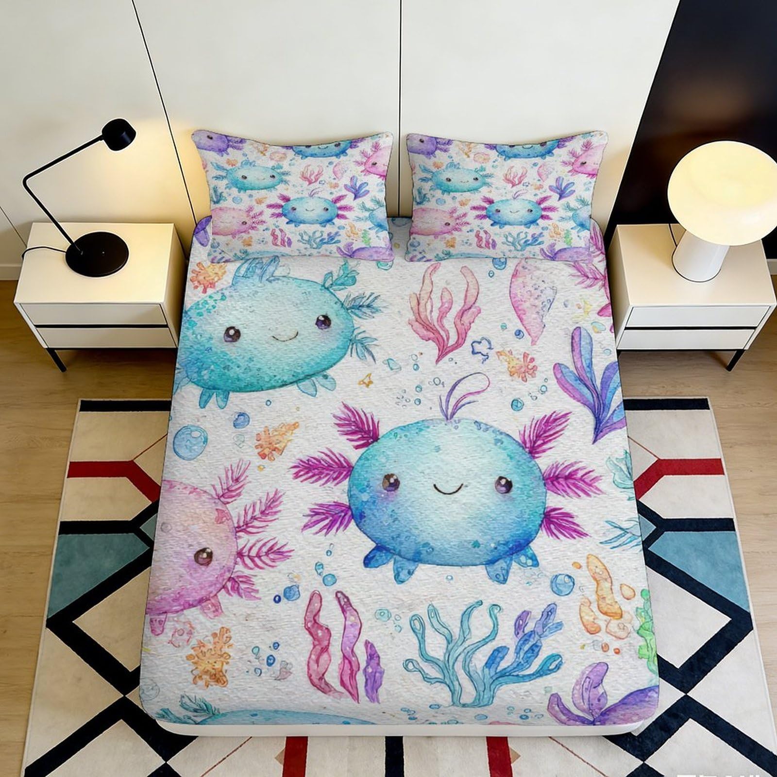 Pnayamiorkfel Style-8 3D Printed Cute Axolotl Fitted Sheet Microfiber Soft Pastel Ocean Theme Mattress Cover For Bedroom Dorm Decor 90X200x25cm