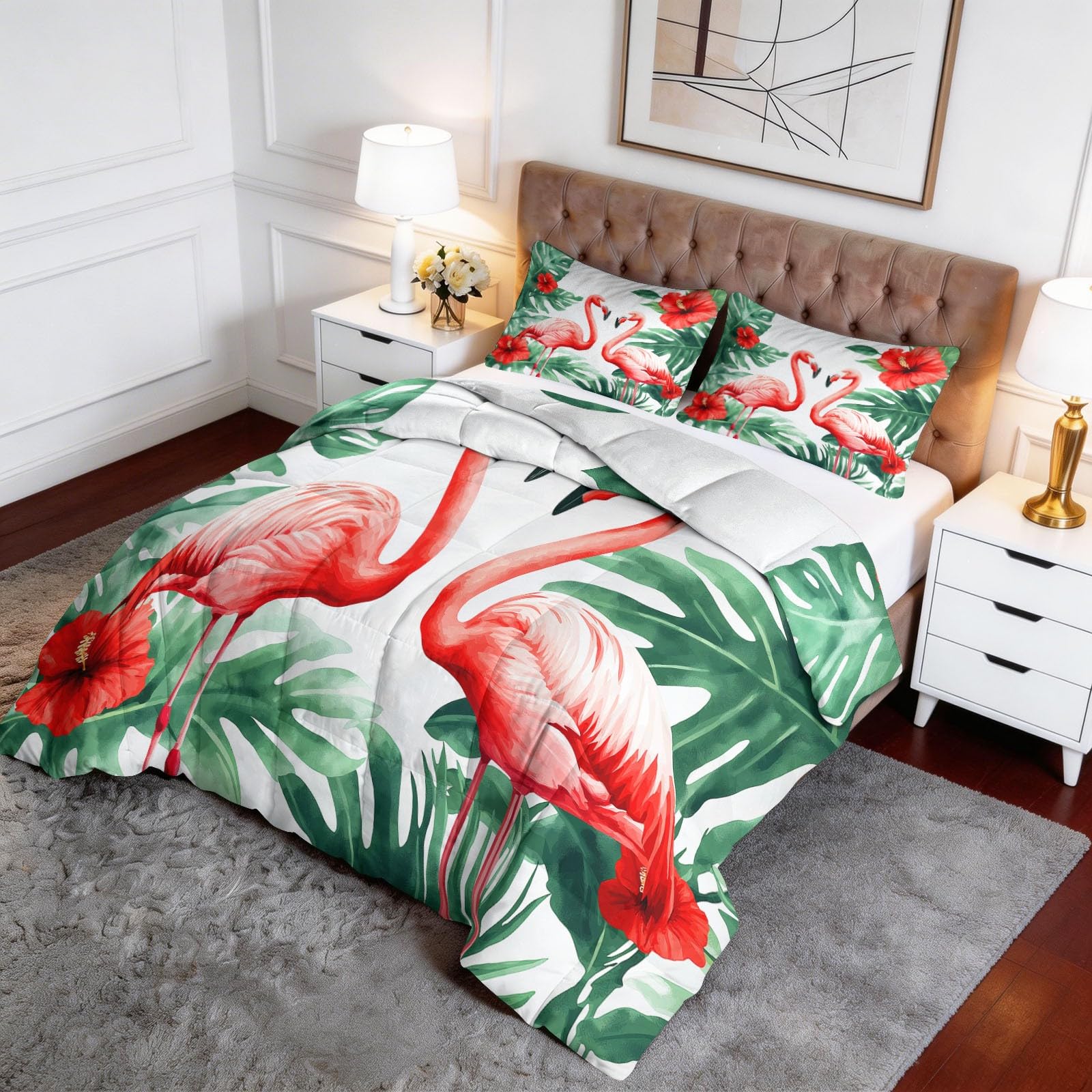Piumone Invernale Matrimoniale 220 x 240 cm Acquerello Animali Fiori Fenicotteri Trapunta in Ecopiuma 400 gr/mq, Caldo ed Elegante – Biancheria da Letto Anallergica – Set 3 Pezzi, Rosso E Verde