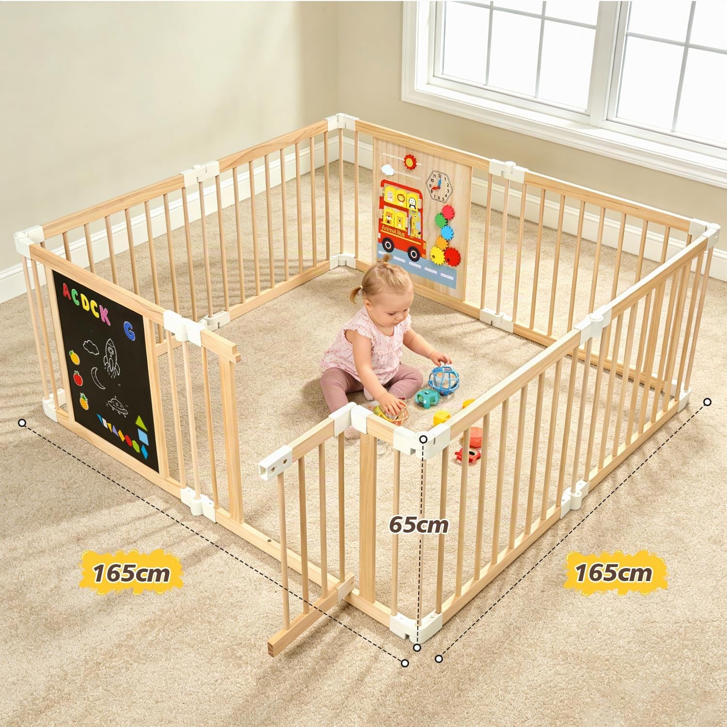 Parque Infantil Bebe de Madera, Grande Corralito Bebe Plegable con Puerta, Ajustable Forma&Tamaño, Portátil, Pizarra, Montessori Tablero de Juego, Seguridad Centro de Actividades Ampliable