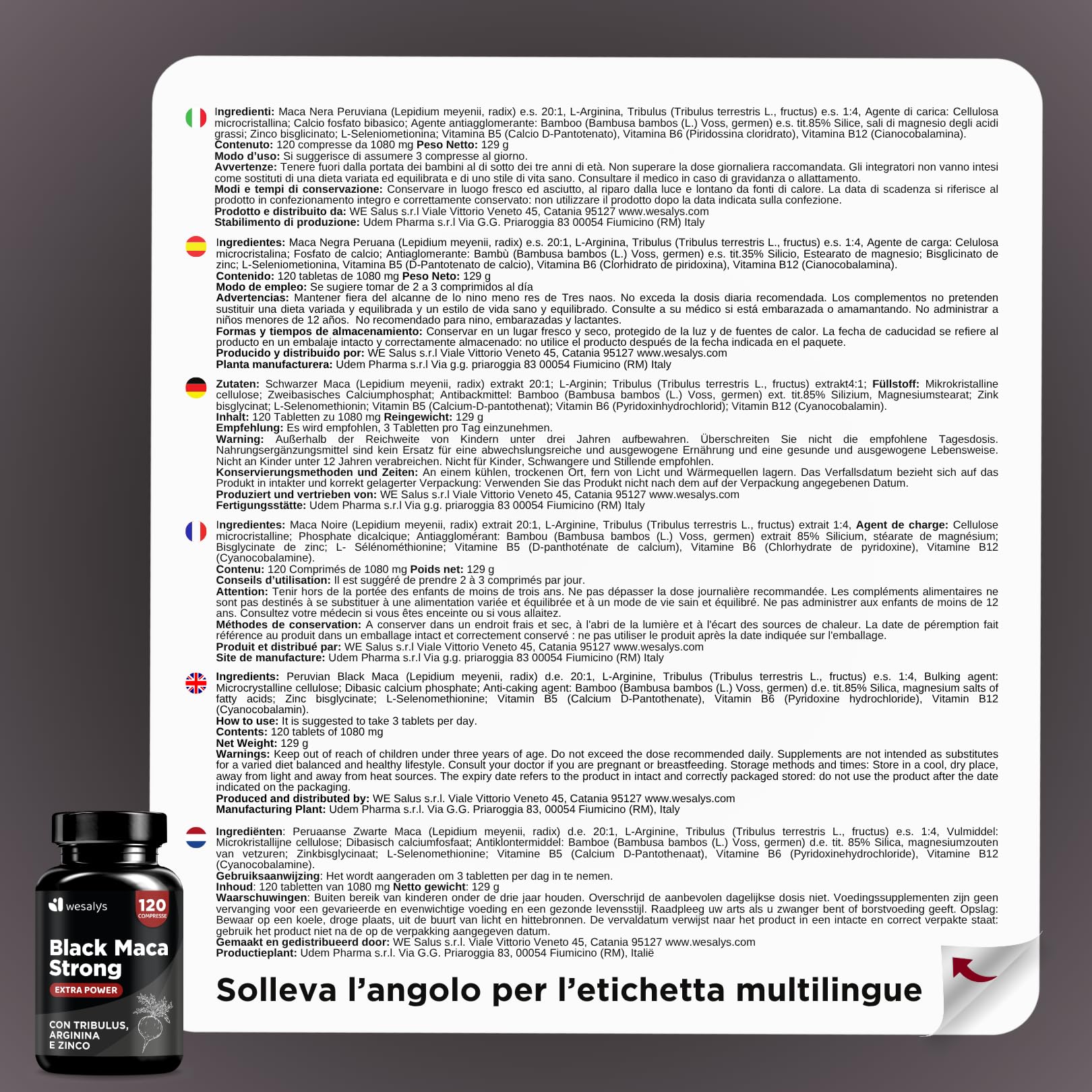 Maca Peruviana Nera Estratto Puro 20:1, 30.000 mg + Tribulus Terrestris + Arginina + Zinco | Integratori Made In Italy | Mass | Maca Wesalys