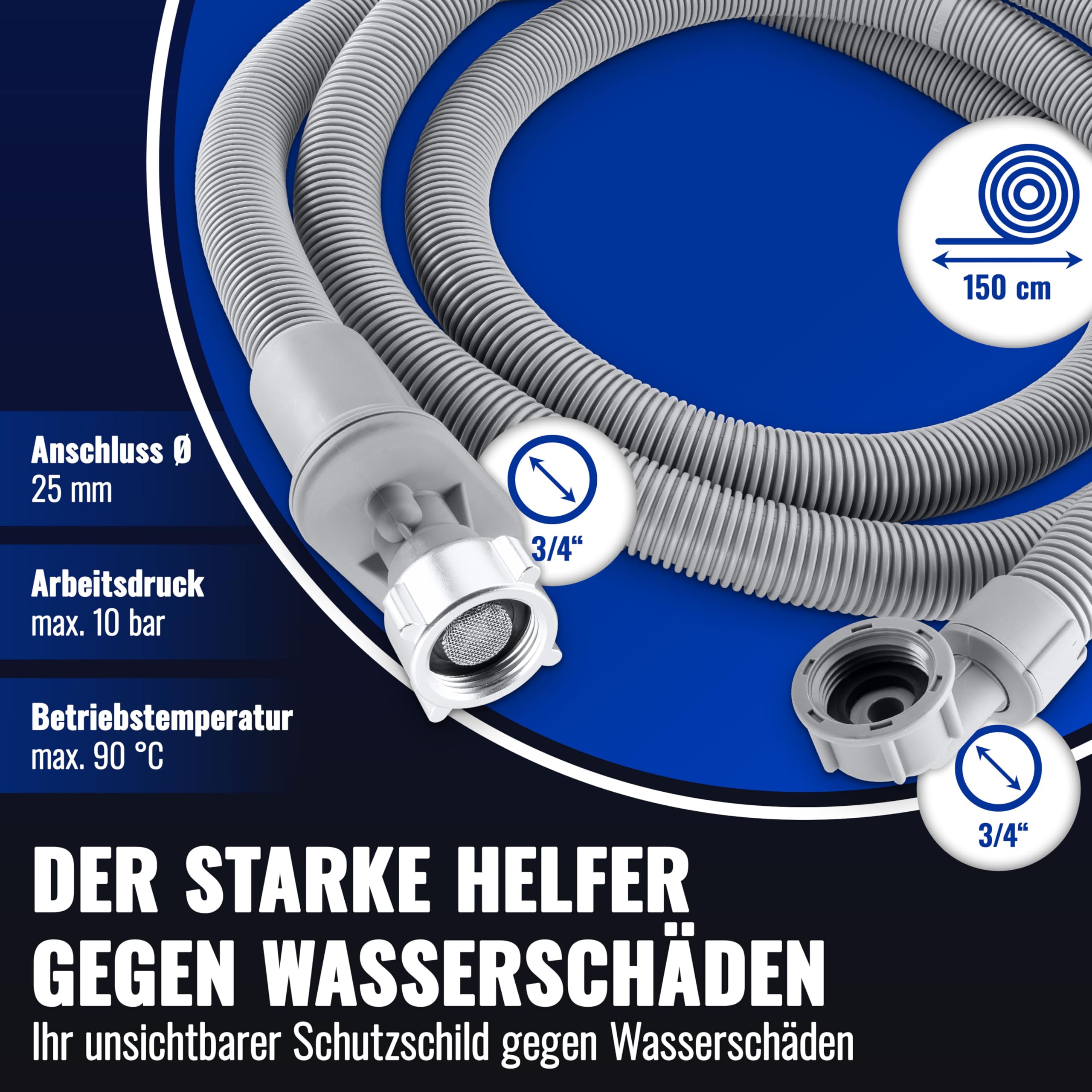 Poppstar 1,5m Waschmaschinenschlauch (Aquastop Schlauch für Waschmaschine, Spülmaschine), 3/4 Zoll Anschluss