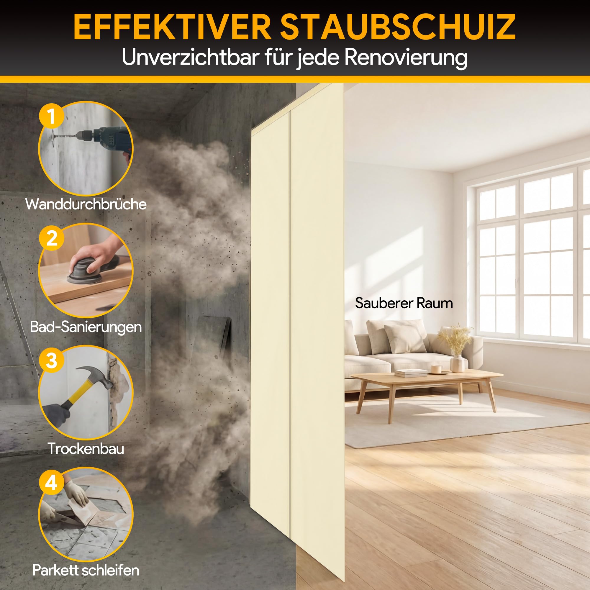Weewooday Protector de polvo para puerta con cierre magnético mejorado 120 x 220 cm – Barrera de polvo extra densa en tela no tejida reforzada – Reutilizable para renovación, pintura y obras