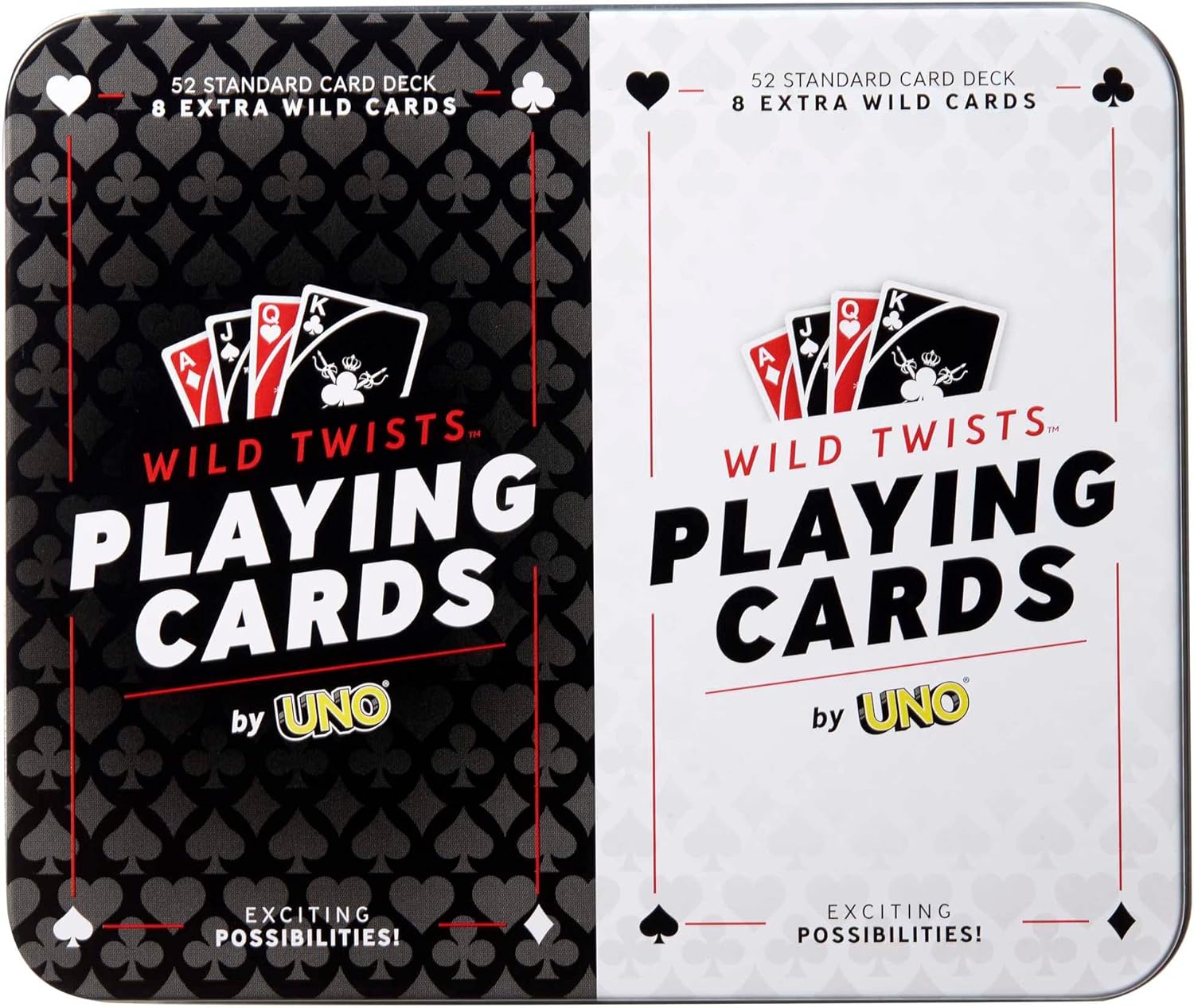 Mattel Games Wild Twists Playing Cards by UNO Brand, 2 Sets of Standard 52-Card Deck Plus 8 Special Wild Cards in Storage Tin