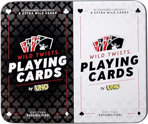Mattel Games Naipes Wild Twists de la marca UNO, 2 juegos de baraja estándar de 52 cartas más 8 cartas salvajes especiales en lata de almacenamiento