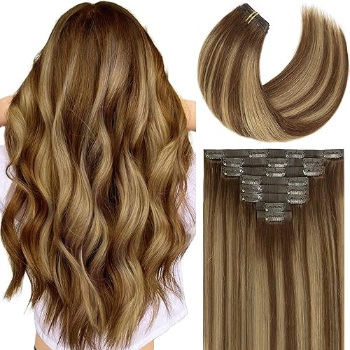 Caliee Extensiones de cabello humano con clip, sin costuras, ultra finas de doble trama de piel sintética, hechas a mano, extensiones de cabello