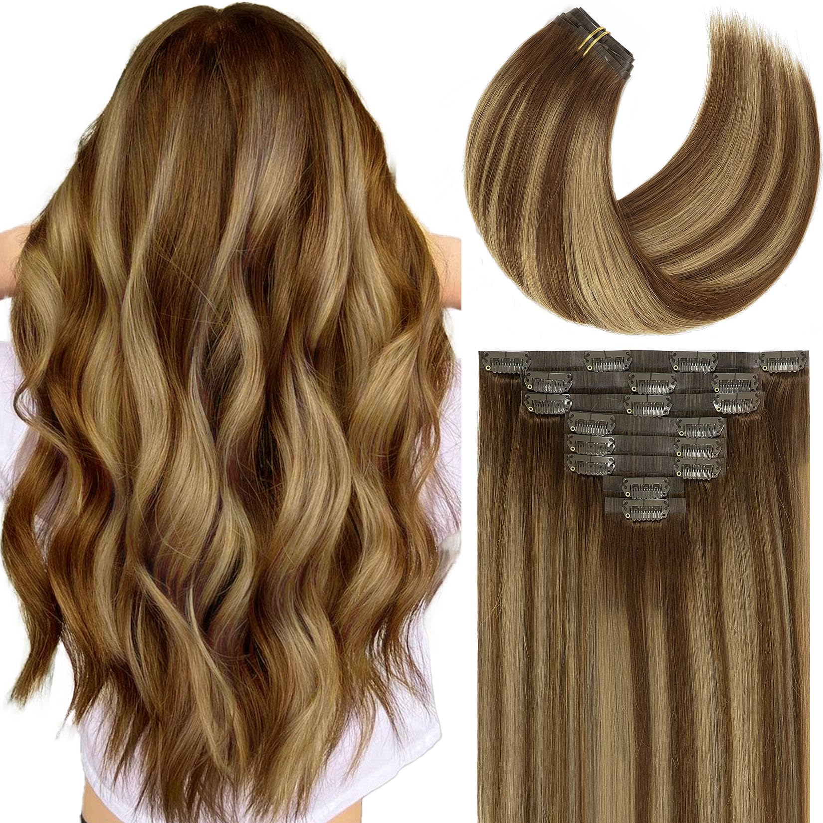 Caliee Seamless Hair Extensions Clip in Human Hair Ultra Thin Double PU Skin Weft Real Human Hair R4-4/27 Chocolate Brown to Caramel Blonde Ombre Clip