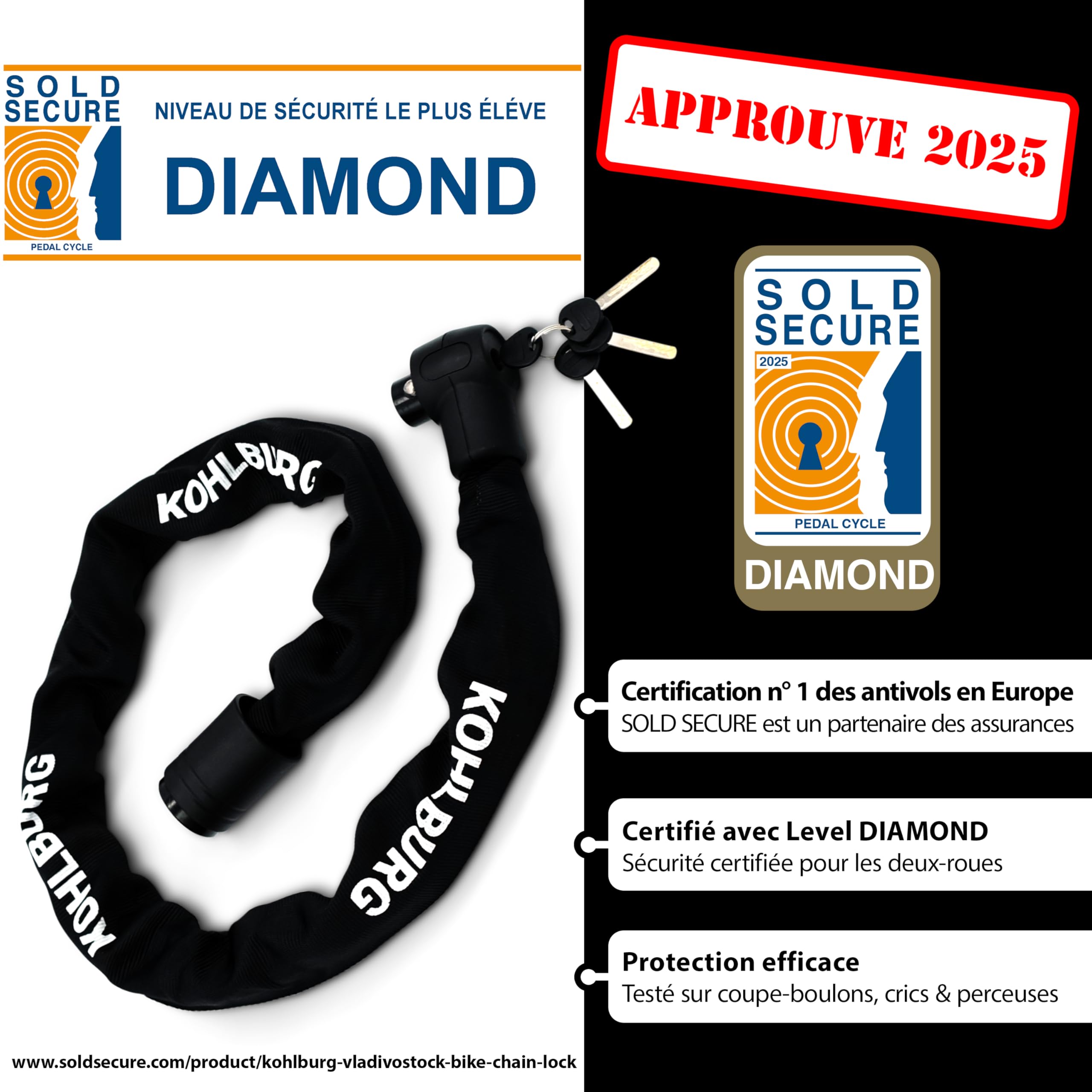 KOHLBURG Antivol à chaîne ultra-résistante [Sold Secure Diamond] 125 cm