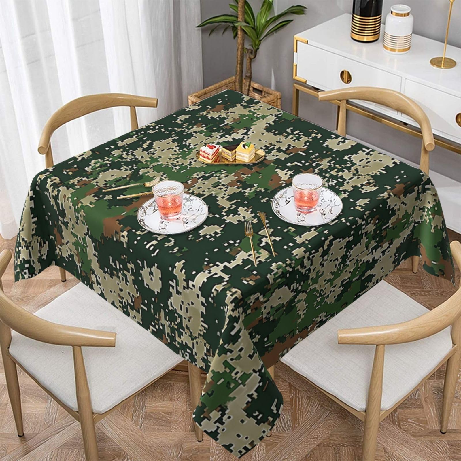WPKJU Green Army Digital Camouflage Printed Square Tablecloth 54x54 inch Water Resistant Table Cover Washable Rectangle Table Cloth for Dining Tables
