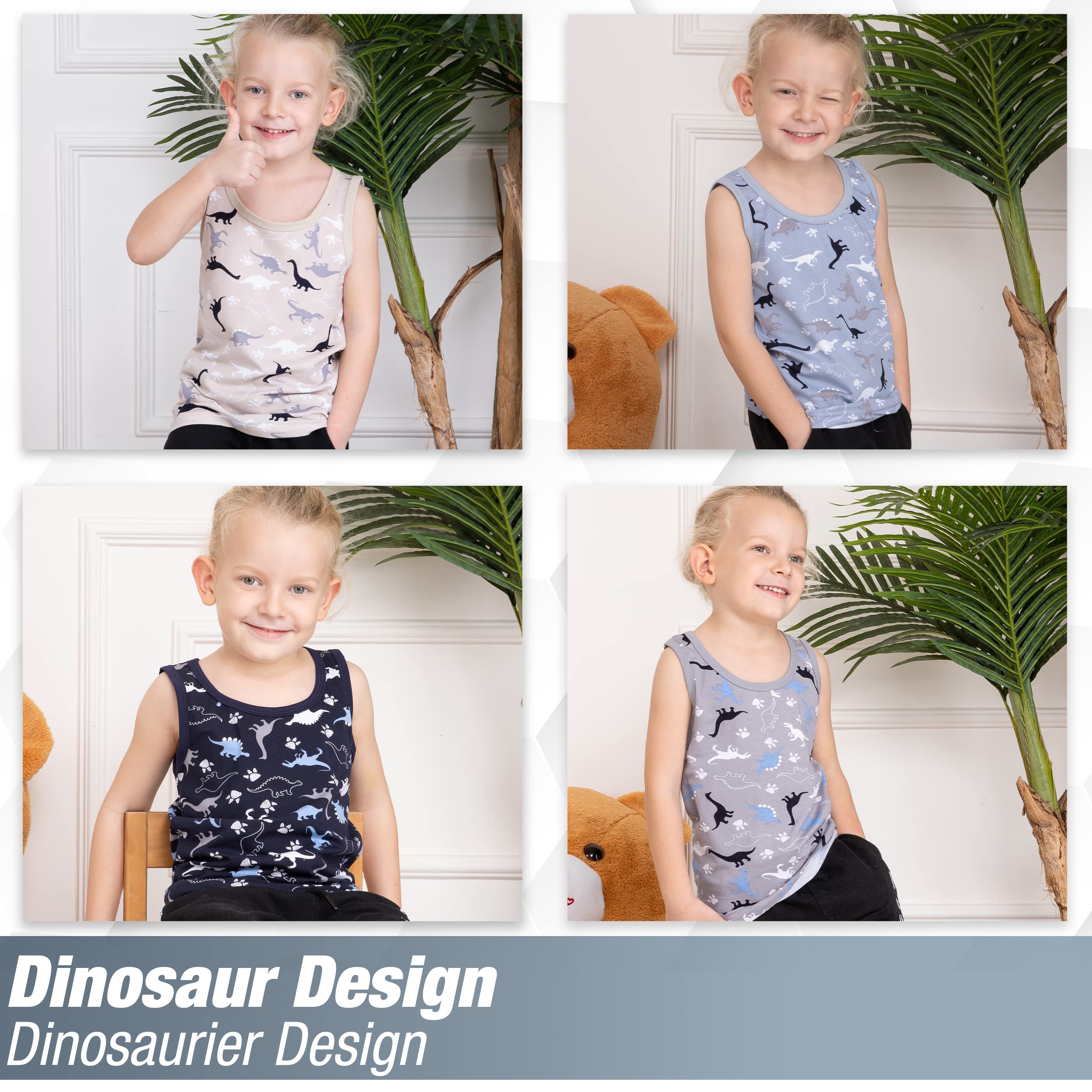 LOREZA ® Camiseta Interior de Tirantes para niño - Algodón - Motivo Dinosaurios - Disponible en Tallas de 2 a 11 años - Pack de 5 Unidades