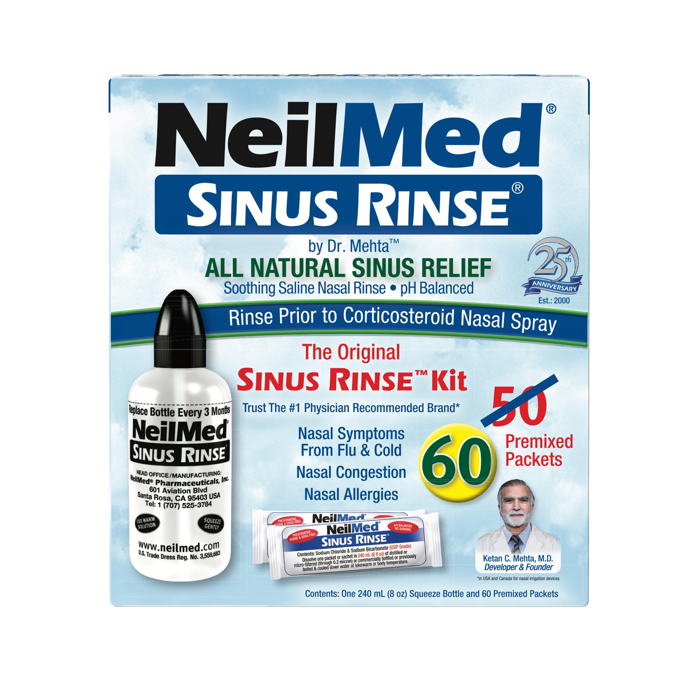 NeilMed Original Sinus Rinse Kit with 60 Premixed Sachets