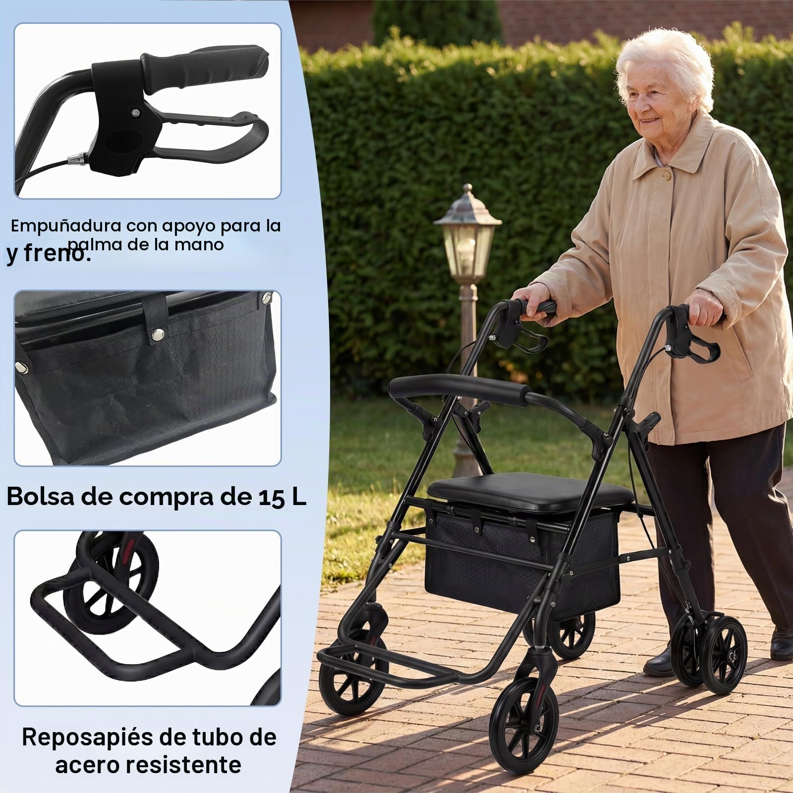 Andador plegable y ligero con sit andadores para apartamentos para personas mayores, plegable con neumáticos suaves, andador para todo terreno, carrito y silla de ruedas