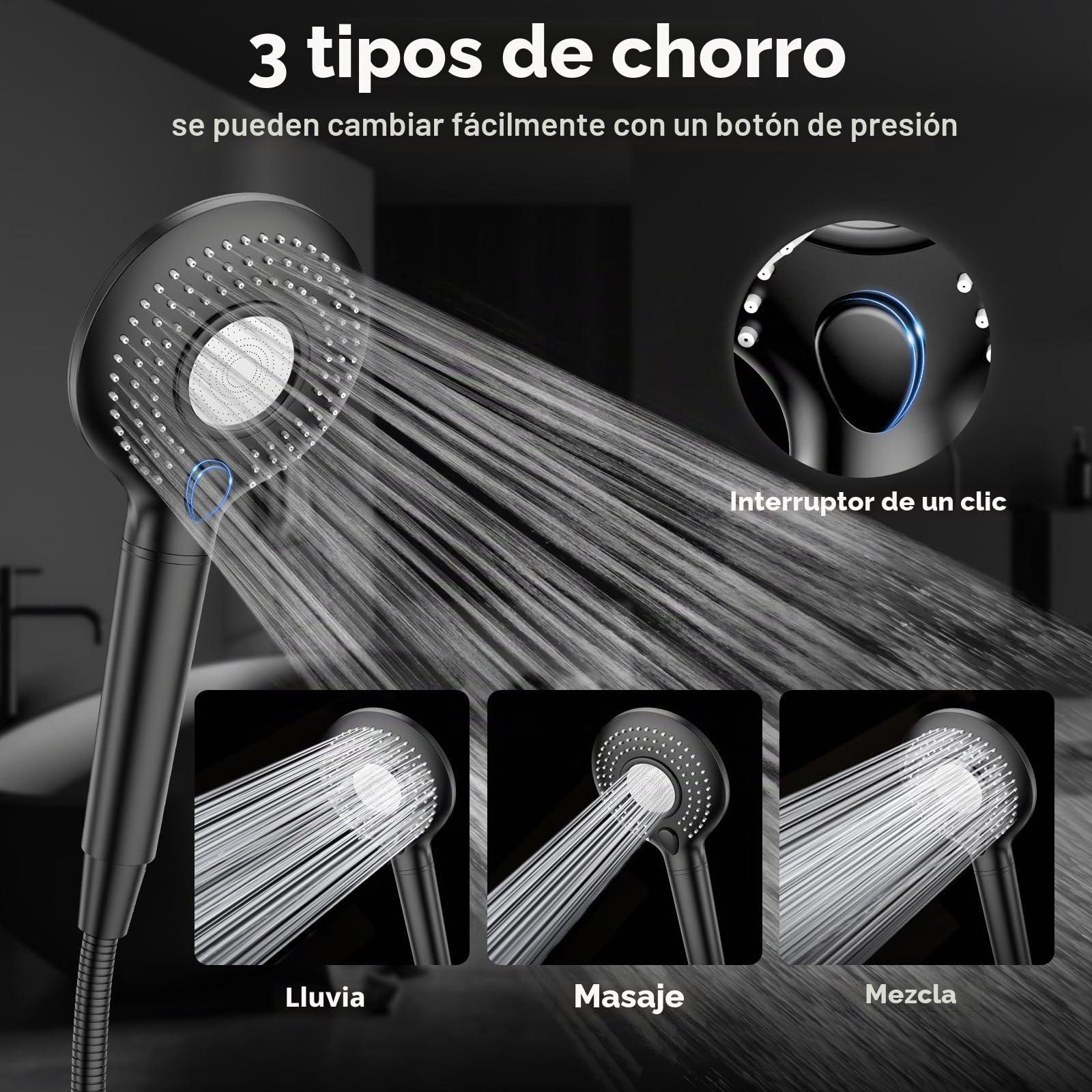 MEKO Alcachofa de ducha con filtro, manguera de 1,5 m, alta presión, color | Cabezal de ducha de ahorro con 3 chorros, reduce el cloro residual, bacterias y metales pesados en agua dura