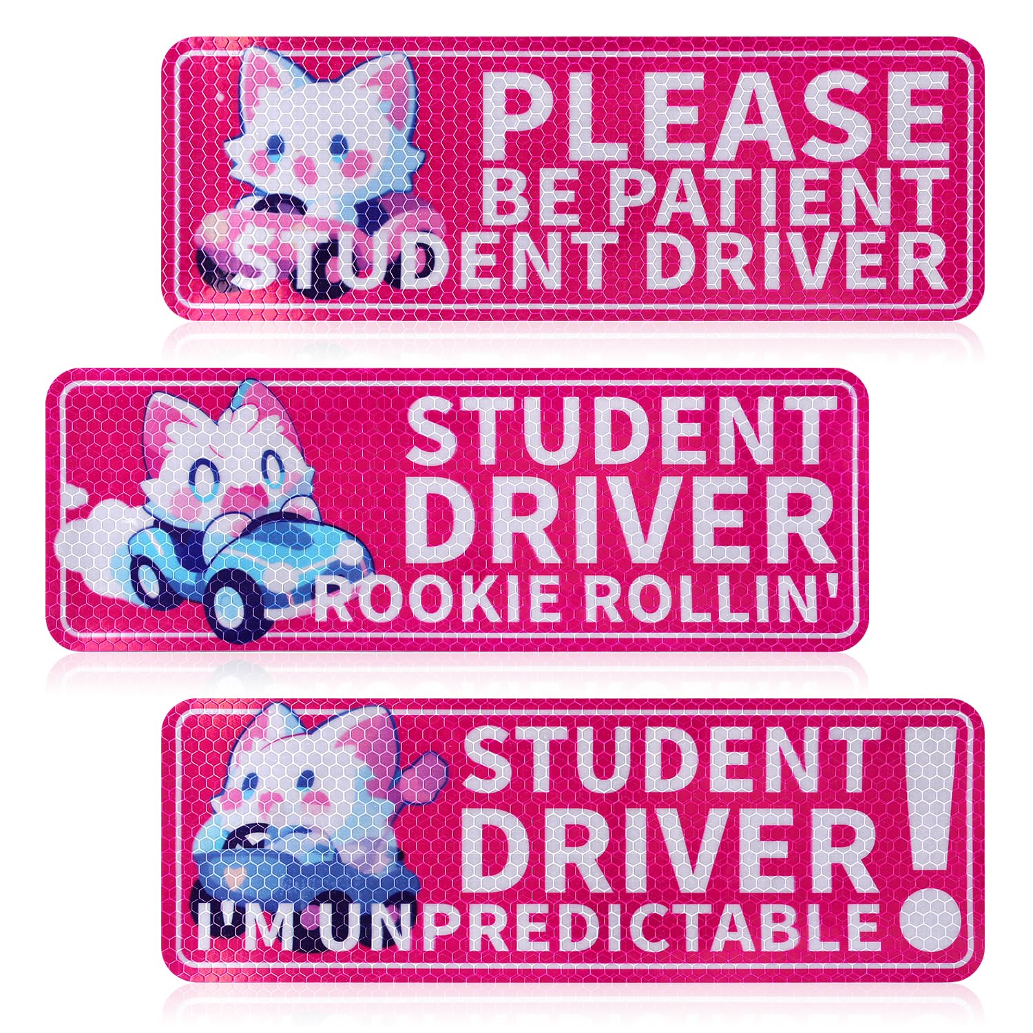 3pcs Cute Magnetic Car Stickers, Cat Pattern Reflective Magnets Car Decals Funny Bumper Stickers Safety Warning for Beginners Student Car Drivers(Pink)