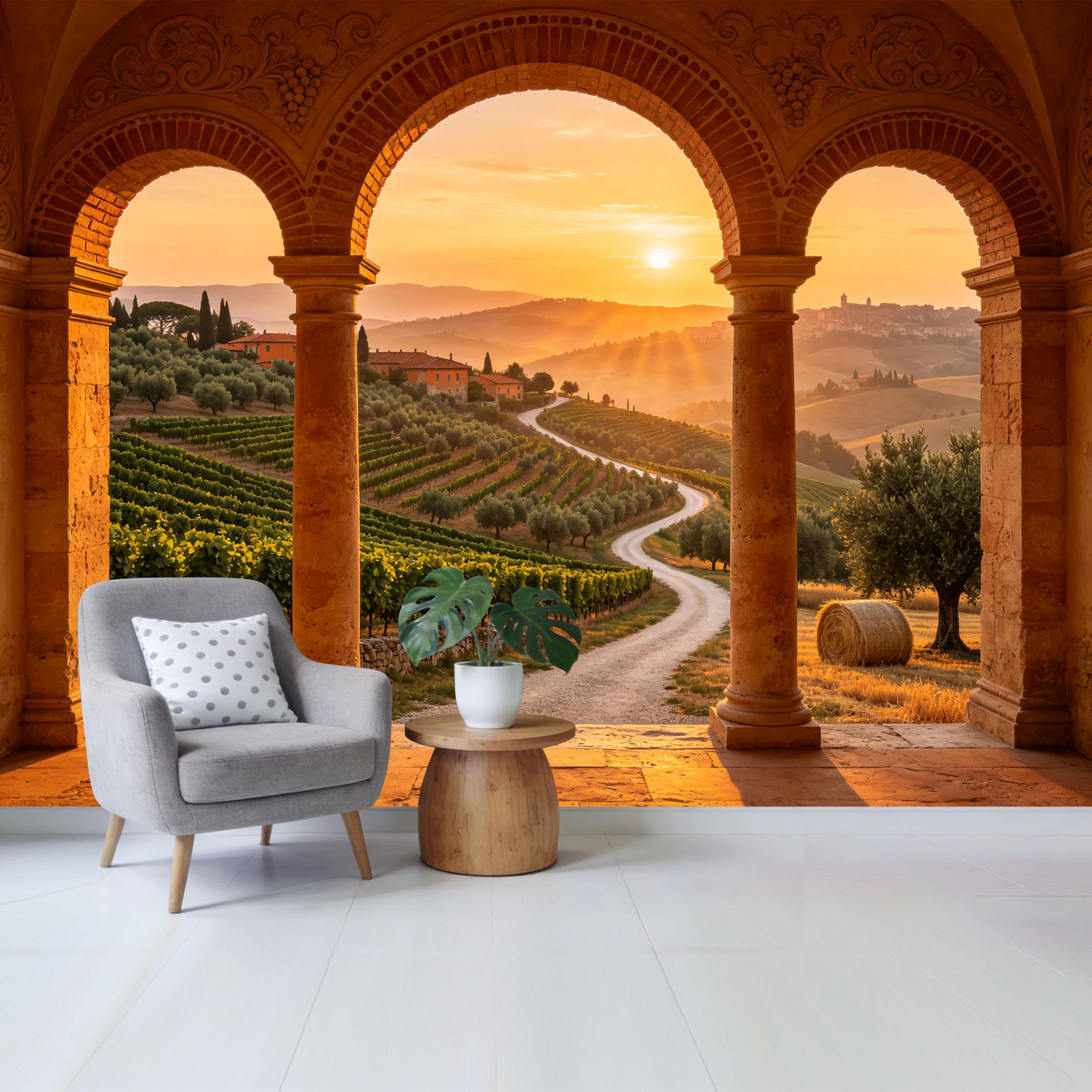 Custom Size Wall Mural Sunset Vineyard Landscape Through Stone Archway Removable Self Adhesive Fabric Home Wall Decor for Living Room Bedroom Bathroom