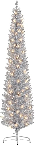 Árbol de oropel plateado preiluminado de 6 pies, 250 puntas, 100 luces incandescentes transparentes UL Árbol de oropel plateado preiluminado de 6 pies, 250 puntas, 100 luces incandescentes transparentes UL