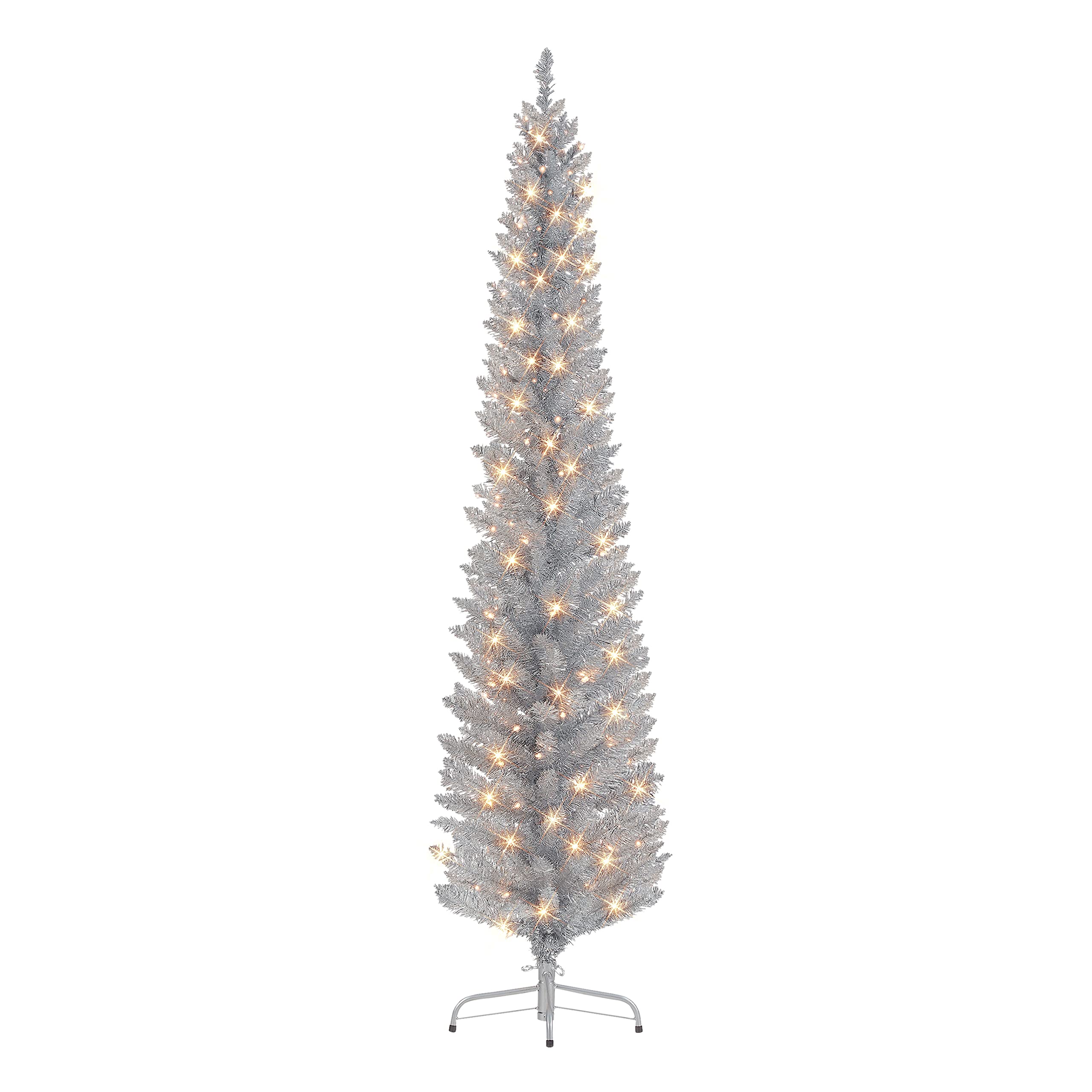 6 ft Pre-lit Silver Tinsel Pencil Tree, 250 Tips, 100 UL Clear Incandescent Lights