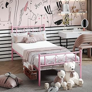 Newest Kitty Design Twin Bed Frames with Bedside Storage Caddy for Girls Metal Platform Twin Size Mattress Foundation Single Beds with Headboard Pink