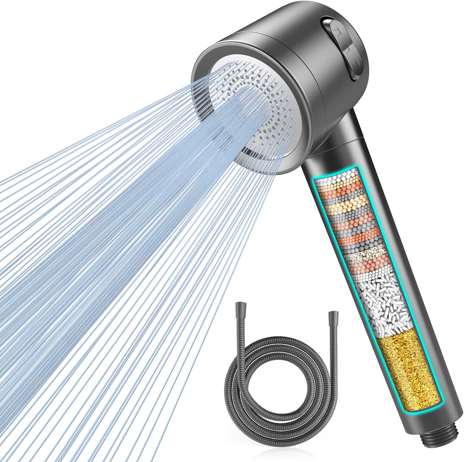 MEKO Hard Water Filter Shower Head with 3 Modes, 15 Layers Filtration Water Saving High Pressure Shower Heads and 1.5m Hose, Massage Shower Filter for Residual Chlorine Remove