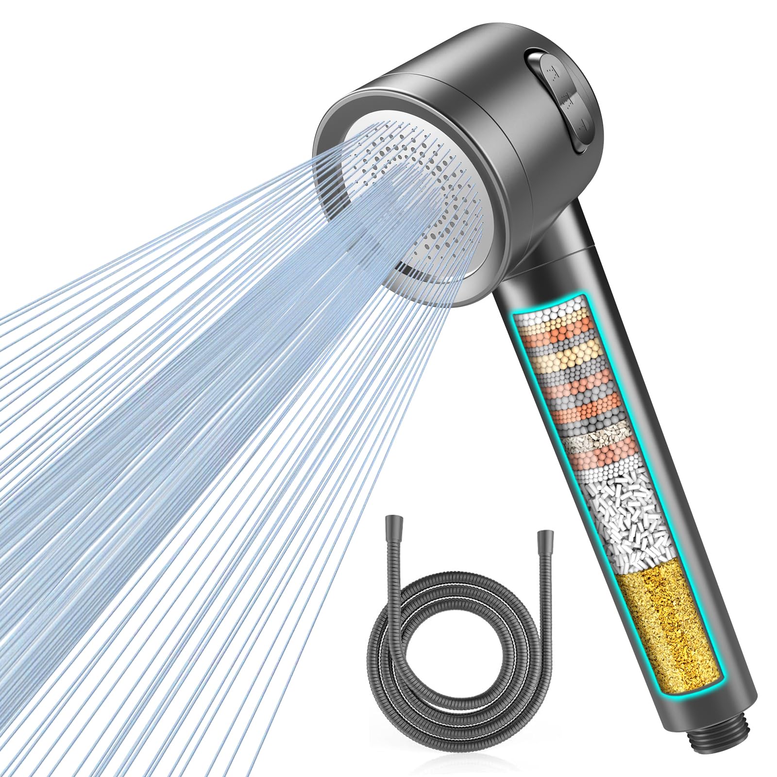 Hard Water Filter Shower Head with 3 Modes, 15 Layers Filtration Water Saving High Pressure Shower Heads and 1.5m Hose, Massage Shower Filter for Residual Chlorine Remove