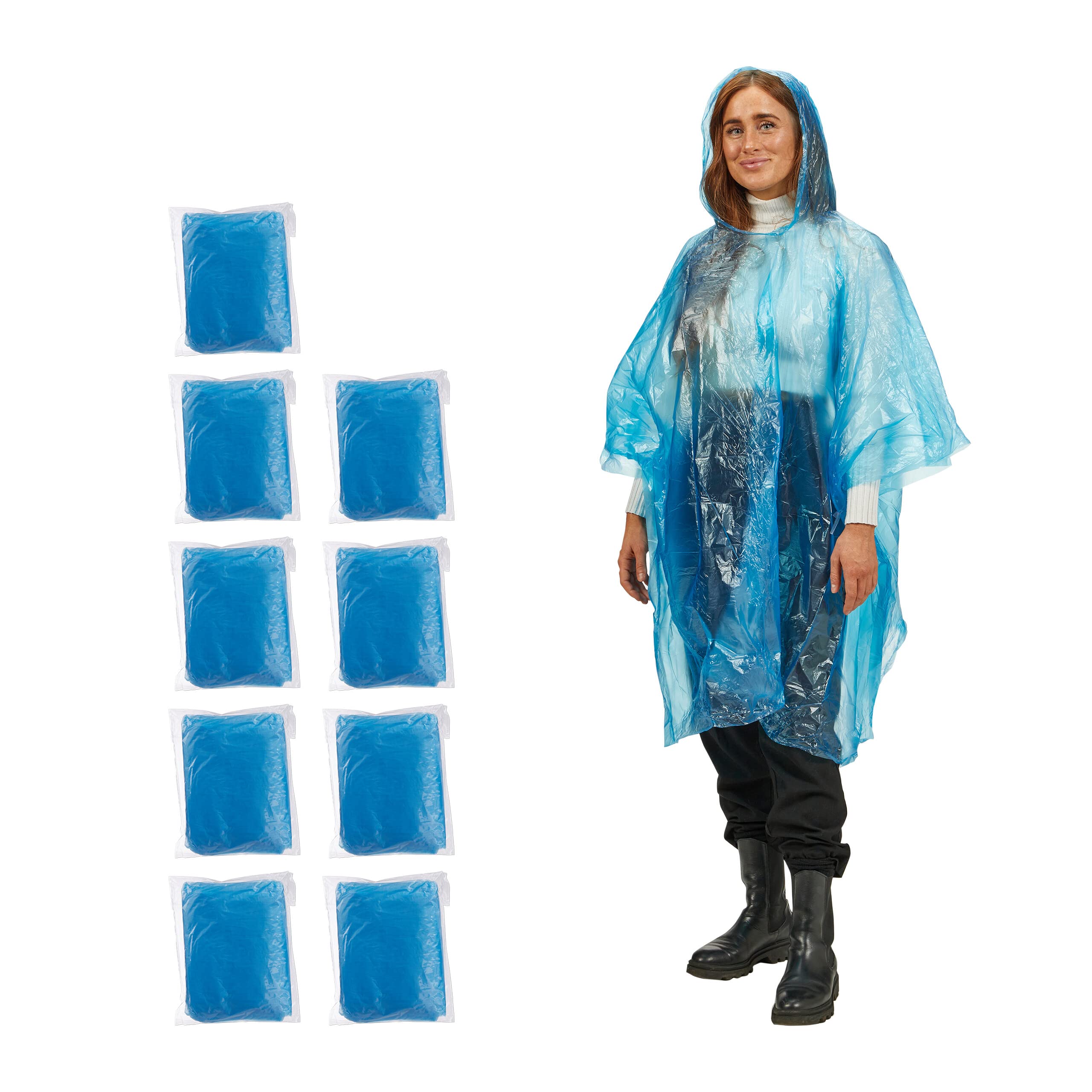 Relaxdays Unisex Blue Rain Poncho Set Of 10, With Hood, Single-Use Raincoat For Adults, Rain Protection Cape, Pe,