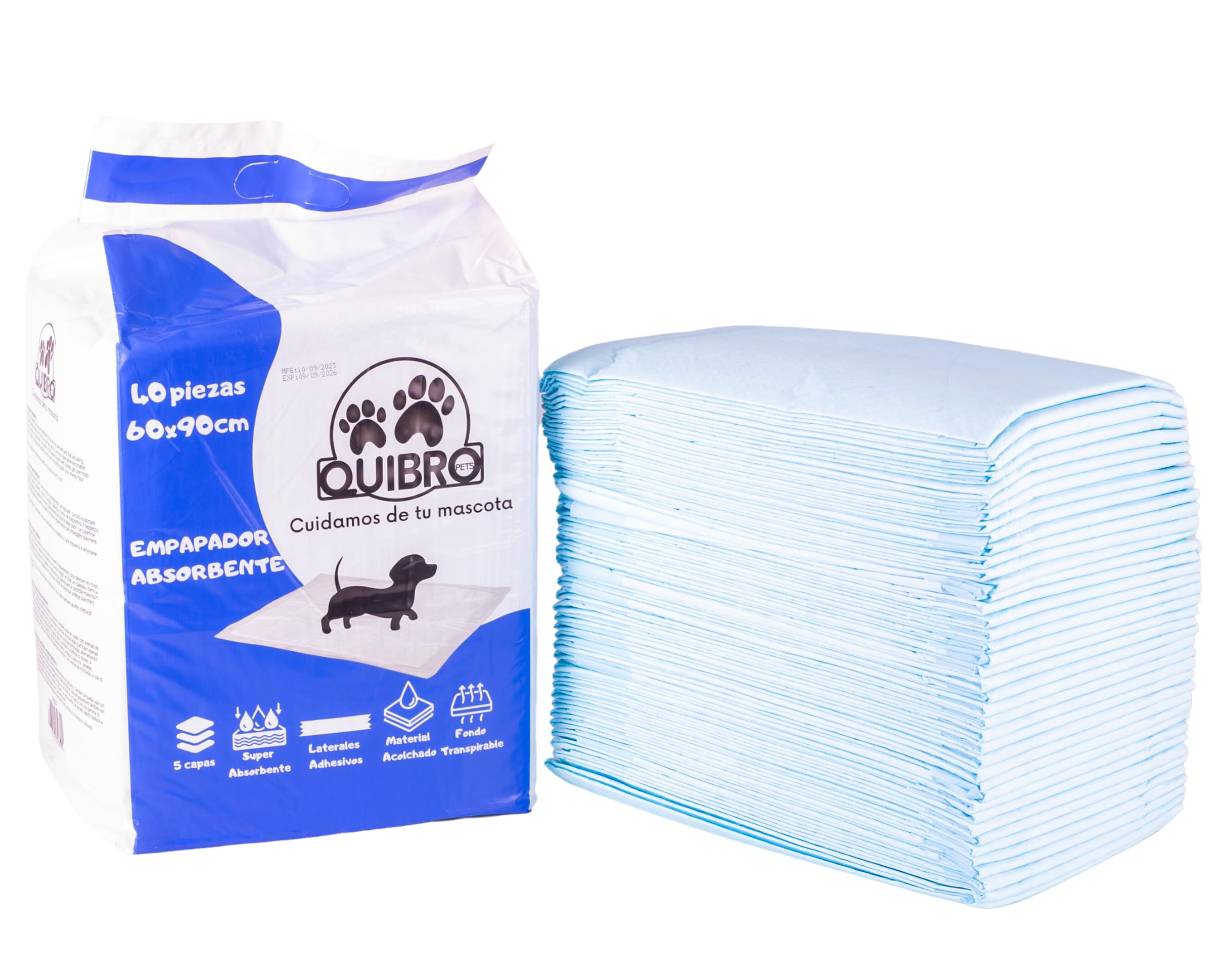QUIBROPETS Empapadores Desechables para Perros 60x90 - Alfombrillas higiénicas para Entrenamiento de Mascotas - Atrayente de Micciones - 40 Unidades.