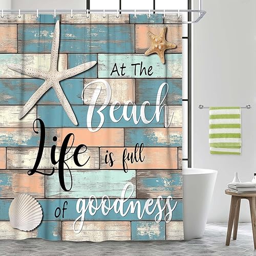 JAWO Cortina de ducha de playa, rústica, vintage, con frase en el océano, cortina de ducha con ganchos, 48 x 70 pulgadas