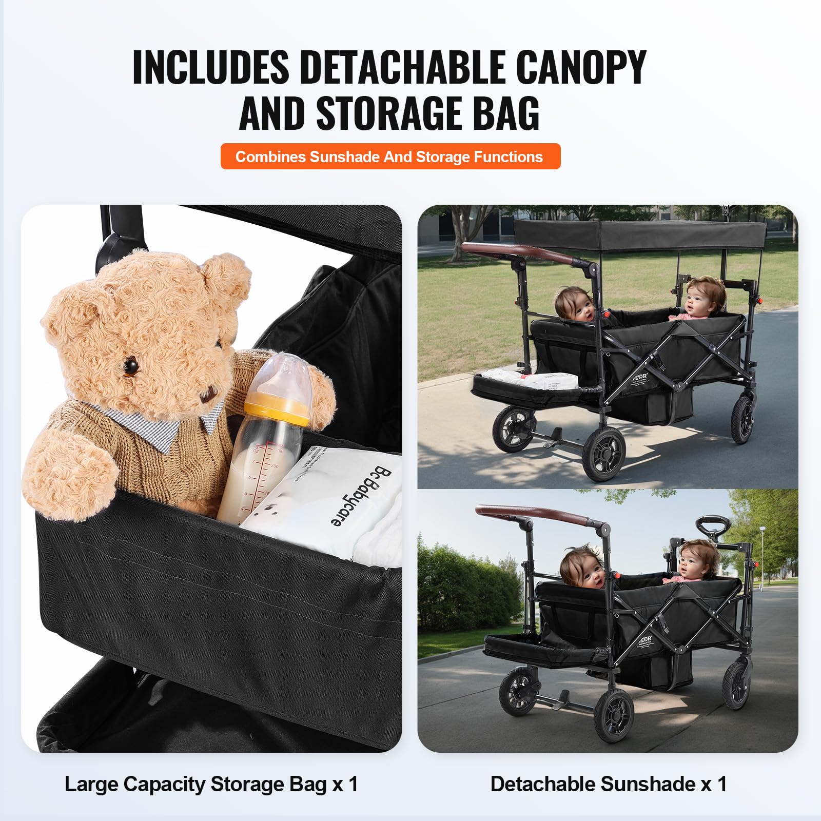 VEVOR Passeggino Wagon per 2 Bambini Pieghevole con Maniglia Regolabile, Tettuccio Rimovibile, Imbracatura Circolare, 4 Ruote con Freni, Multifunzione per Campeggio, Nero