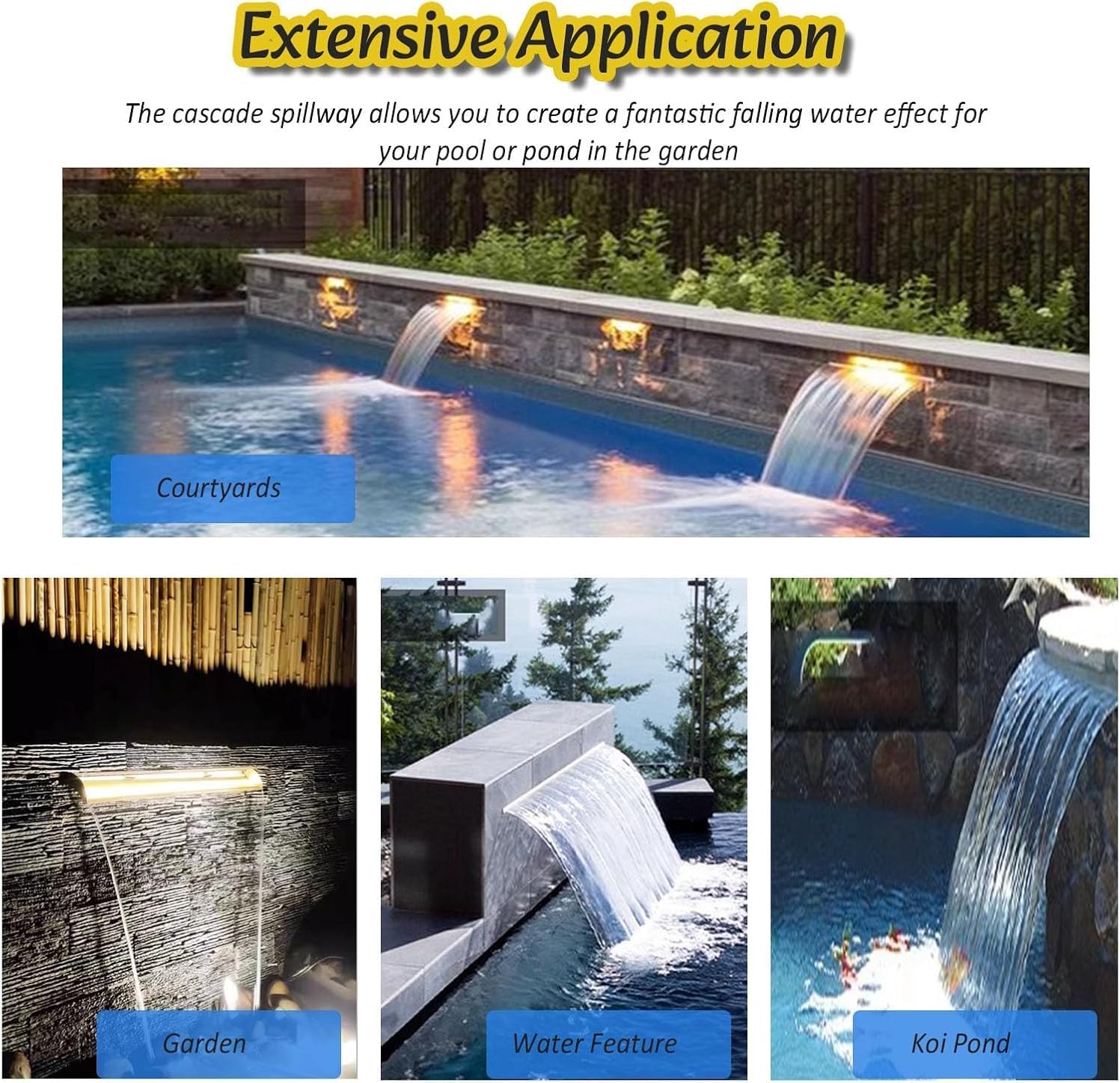 Heavy Duty Stainless Steel Waterfall Spillway Kit for Ponds & Gardens, Flush Mount with Fittings, Custom Width 34'', Ideal for Indoor/Outdoor Fountains, Hotels, Schools Decor