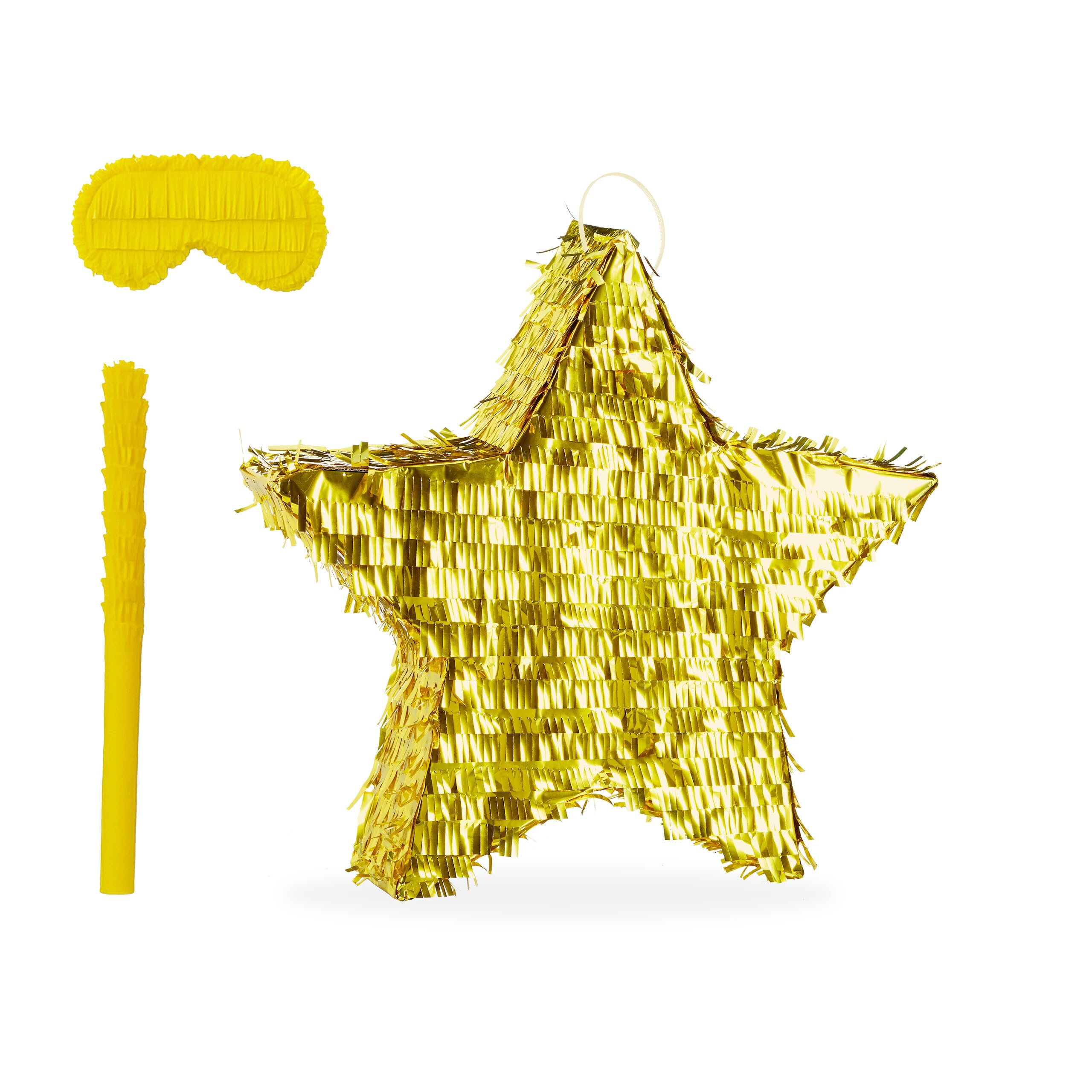 Relaxdays Piñata Stella Scintillante con Bastone e Maschera, da riempire, 43x45x9 cm, Oro