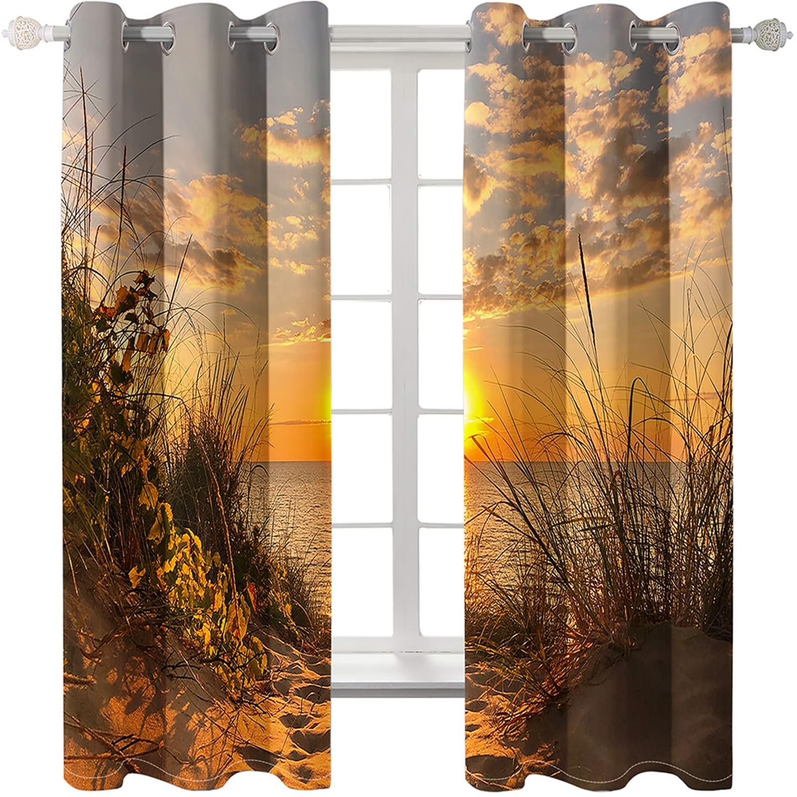 Zasłony do sypialni, zasłony z zachodem słońca nad morzem i plażą, wys. 214 x szer. 152 cm, nieprzejrzyste zasłony zaciemniające z oczkami, zestaw 2 sztuk