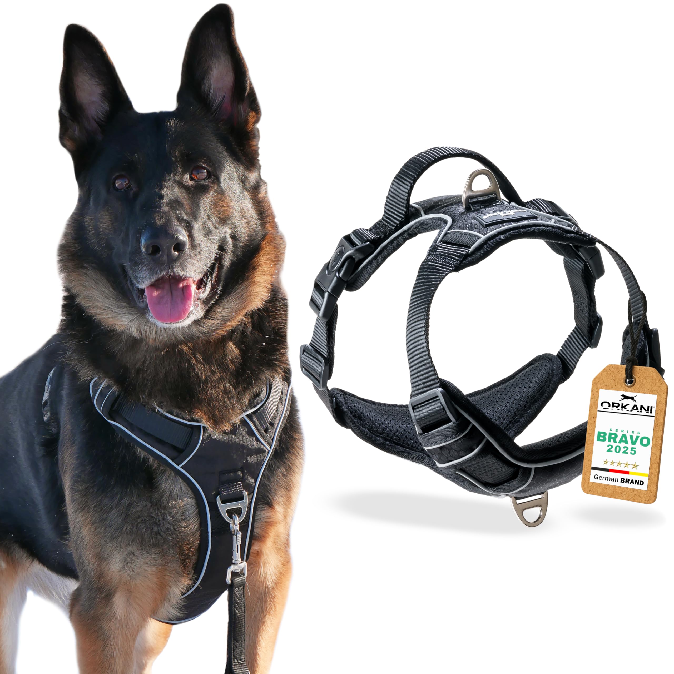 Bravo 2025 - Arnés antitirones premium para perros, transpirable, acolchado suave con cierre de seguridad y mango ancho para perros pequeños, medianos y grandes (L)