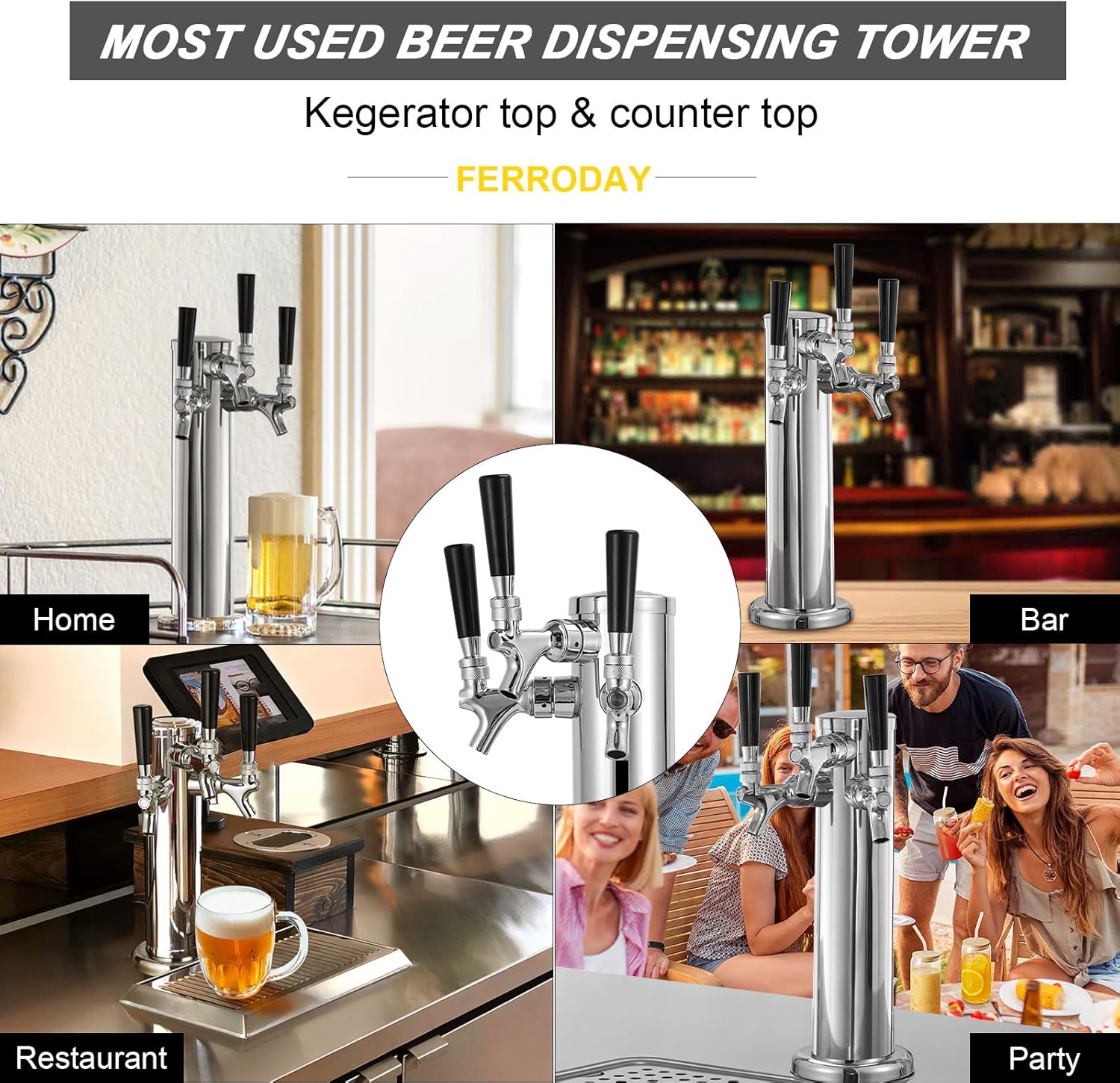 FERRODAY 3 Taps Beer Tower Dispenser Kegerator Tower, 3" Beer Keg Tap Keg Tower Kegerator Tap Tower Kegerator Parts Kit, Stainless Steel Tower Brass Faucet Stainless Core Pre-assembled Lines