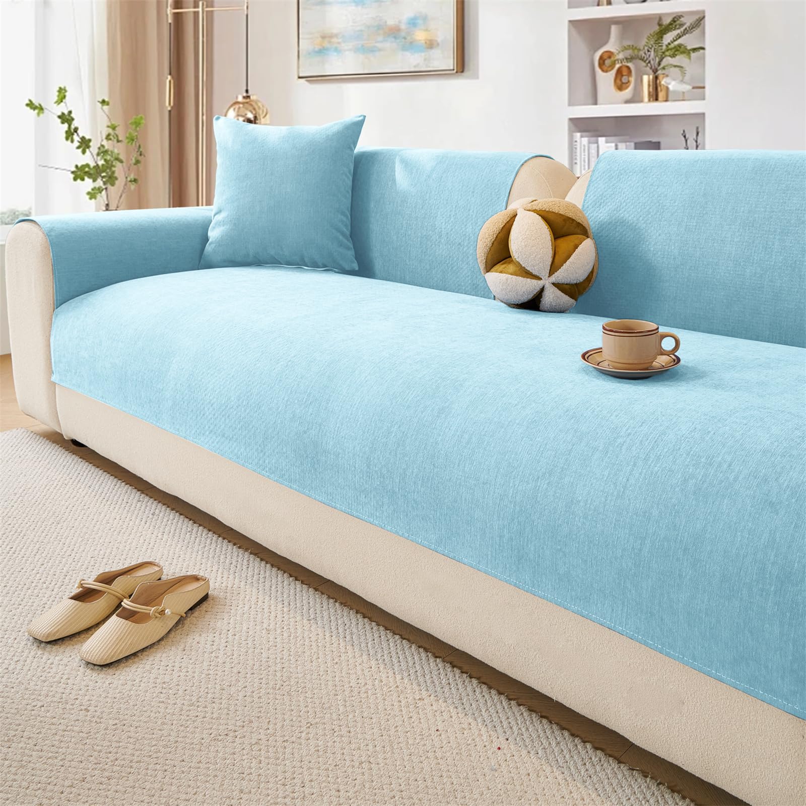 LINGKY Soft Chenille Sofa Covers Washable - Sofa Cushion Covers, Non-Slip Sofa Cover 1 2 3 Seater, Couch Covers for Sectional Sofa, Sofa Slipcovers L Shape Furniture Protector (Light Blue,110x210cm)