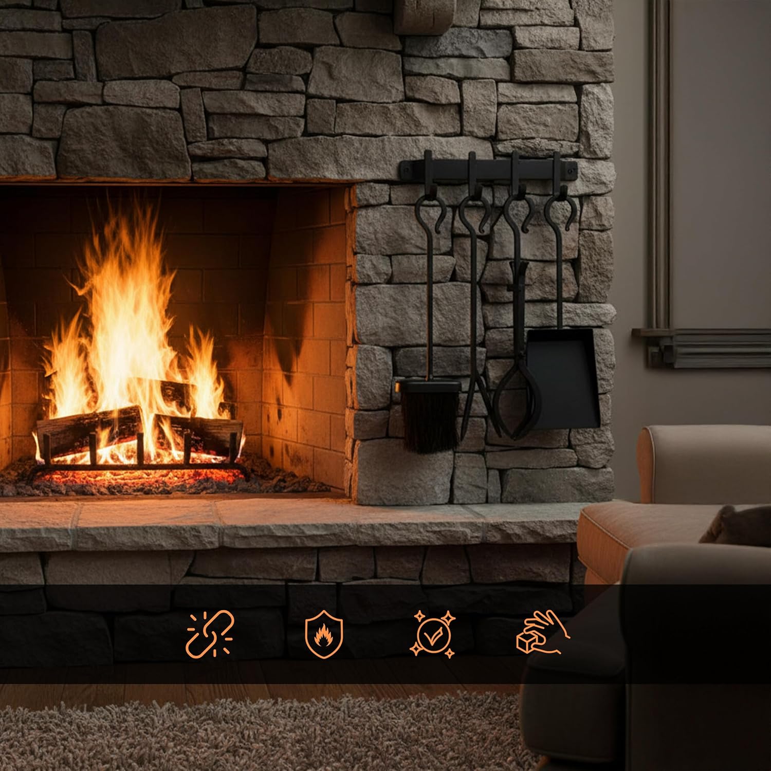 Relaxdays Fireplace Companion Set, 5-Piece Set, Poker, Shovel, Ash Brush, Fire Tongs, Wall Mount, Oven Set, Black