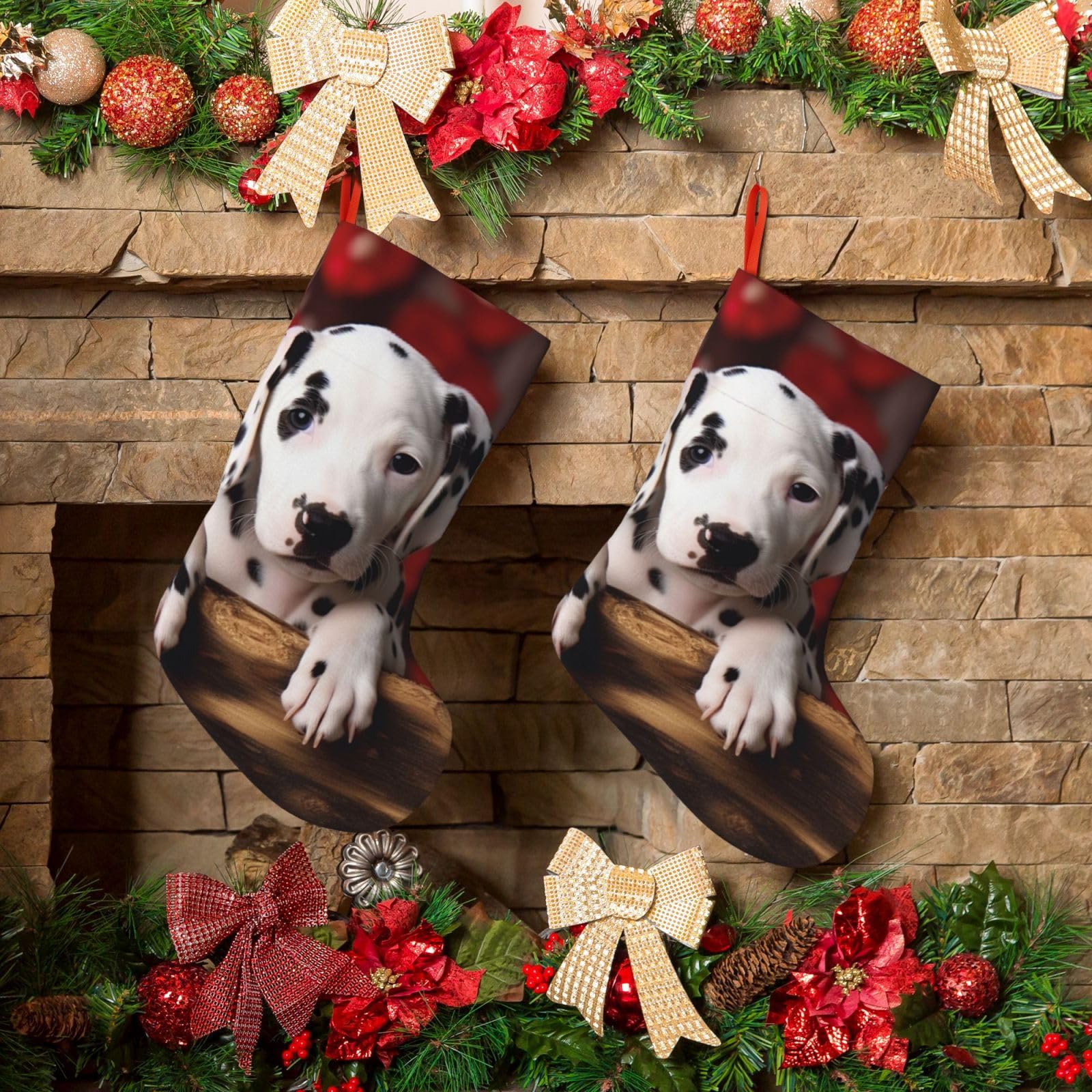 Fodpand Boys Black Dalmatian Puppy Christmas Stockings Hanging Ornaments For Holiday Decor, 18 Inches Velvet Fireplace Hanging Xmas Stocking, Candy Gift Bags For Christmas Decorations