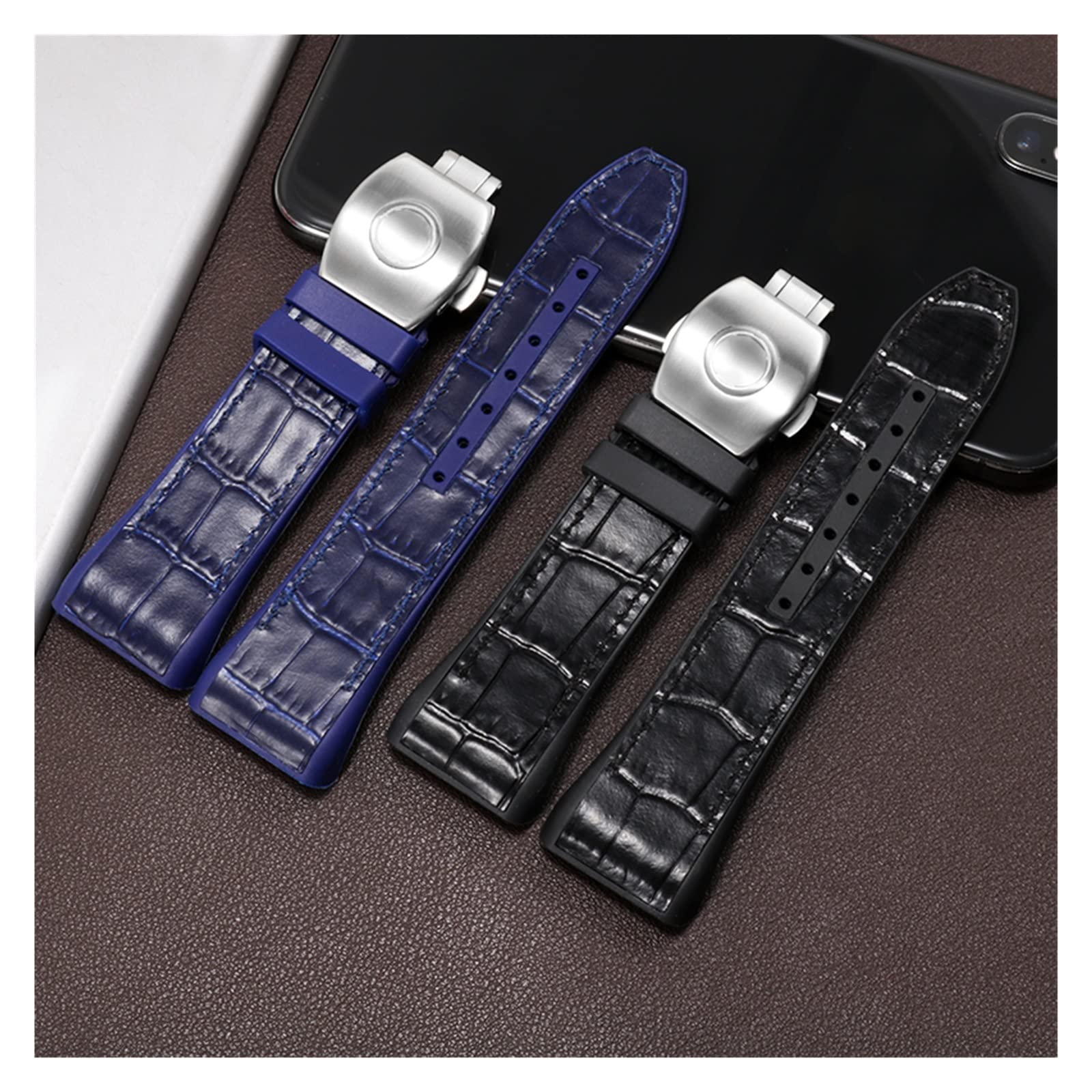 BIK Correa de reloj de silicona de cuero genuino de nailon de 28 mm, correa de reloj con hebilla plegable azul negra para Franck Muller V45 Series correas de reloj (azul-negro)